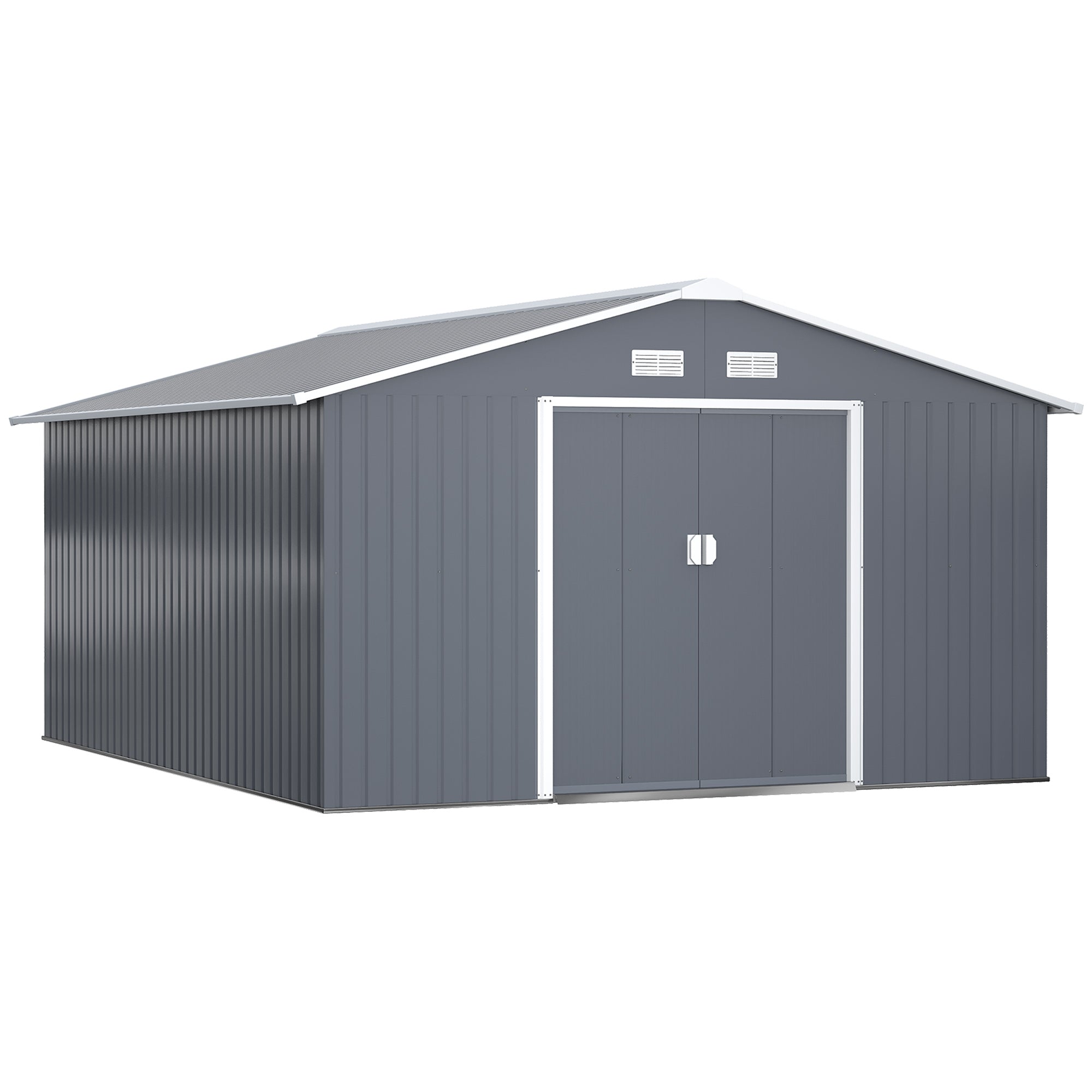 Outsunny 13 x 11ft Metal Garden Shed, Outdoor Storage Tool House with Ventilation Slots, Foundation Kit and Lockable Double Doors, Grey - North Peak Garden Furniture