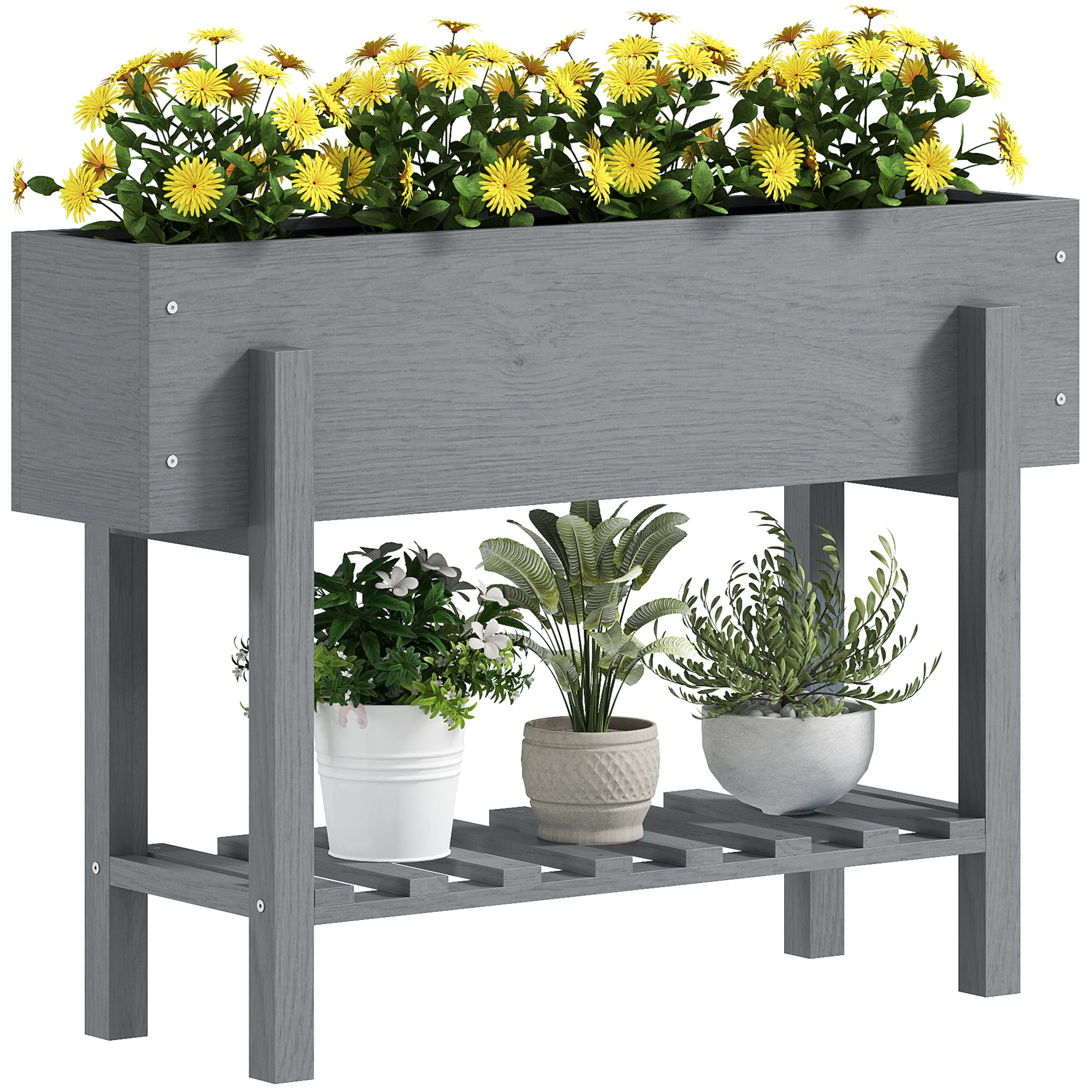 Outsunny Wooden Two-Tier Raised Planter - Grey - North Peak Garden Furniture