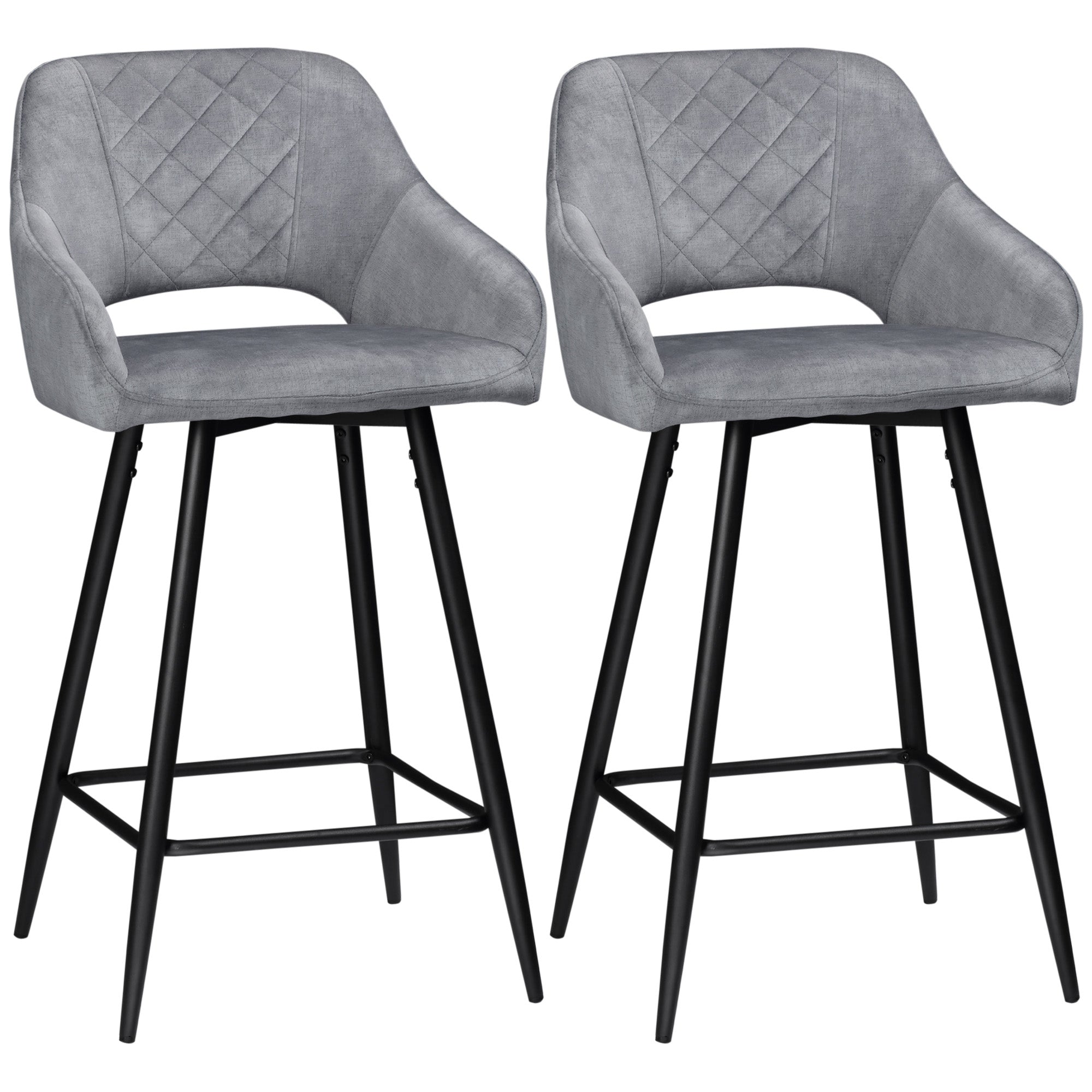 HOMCOM Bar Stools Set of 2, Velvet-Touch Fabric Counter Height Bar Chairs, Kitchen Stools with Steel Legs for Dining Area, Kitchen Island Barstools, Grey - North Peak Garden Furniture