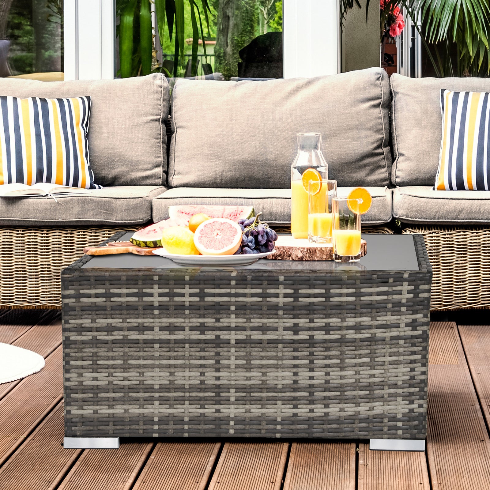 Outsunny Square PE Wicker Rattan Table with Glass Top - Dark Grey - North Peak Garden Furniture