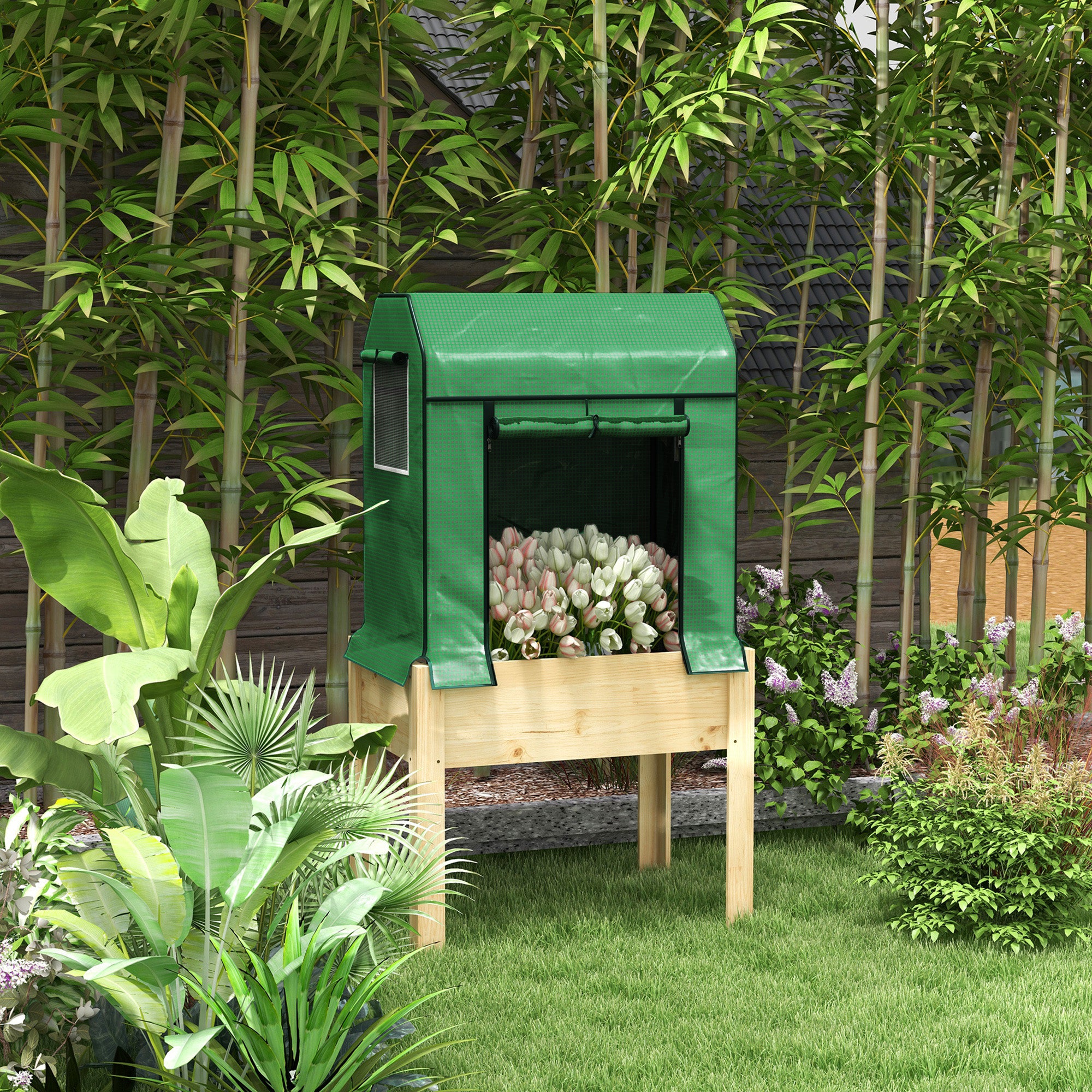 Outsunny Wooden Planter Box with PE Greenhouse Cover and Bed Liner, Raised Garden Bed for Vegetables, Flowers, Herbs - North Peak Garden Furniture
