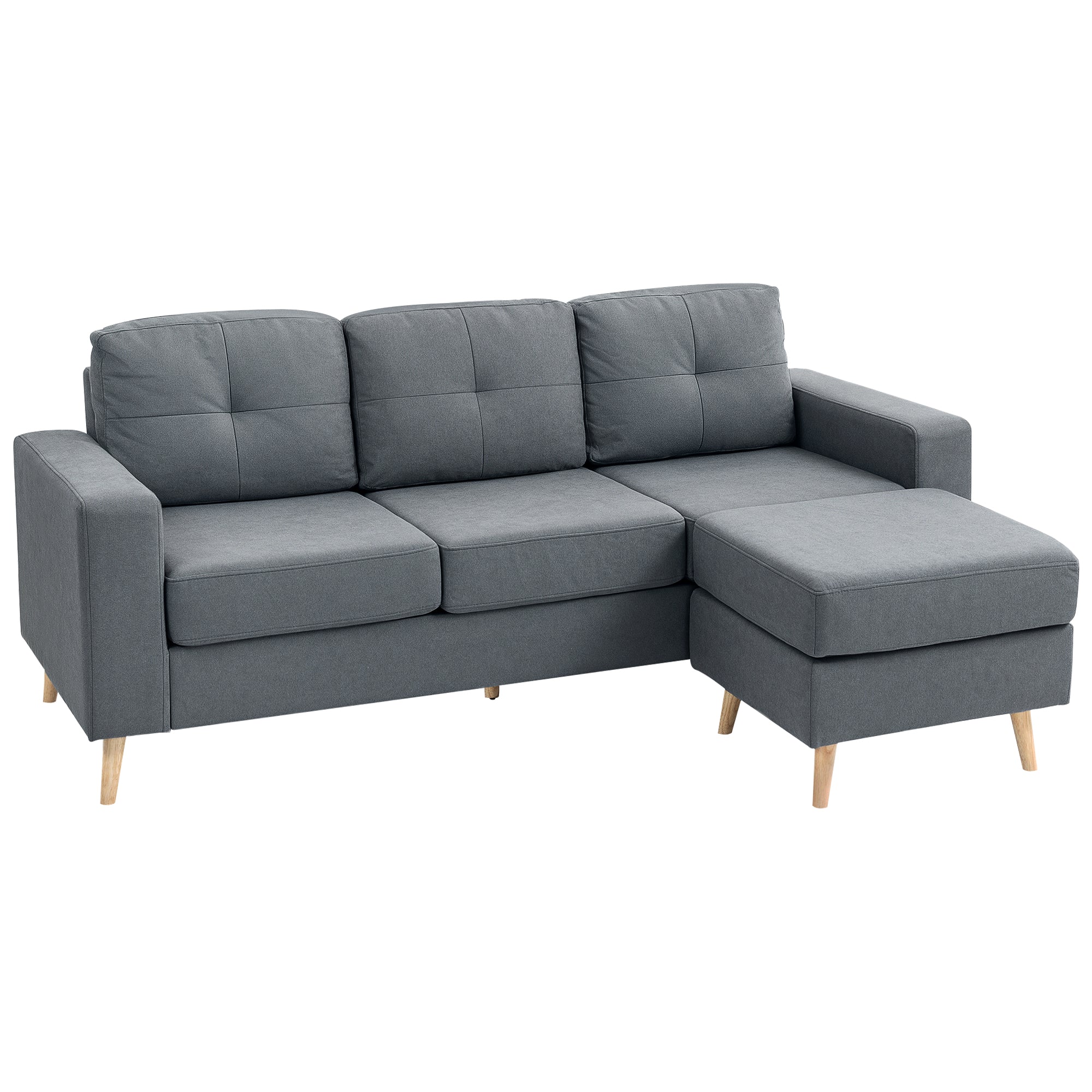 HOMCOM 3 Seater Sofa with Footstool, Fabric L-Shaped Sofa, Sectional Couch with Wood Legs, Tufting Cushioned Back for Small Space, Living Room, Office, Dark Grey - North Peak Garden Furniture