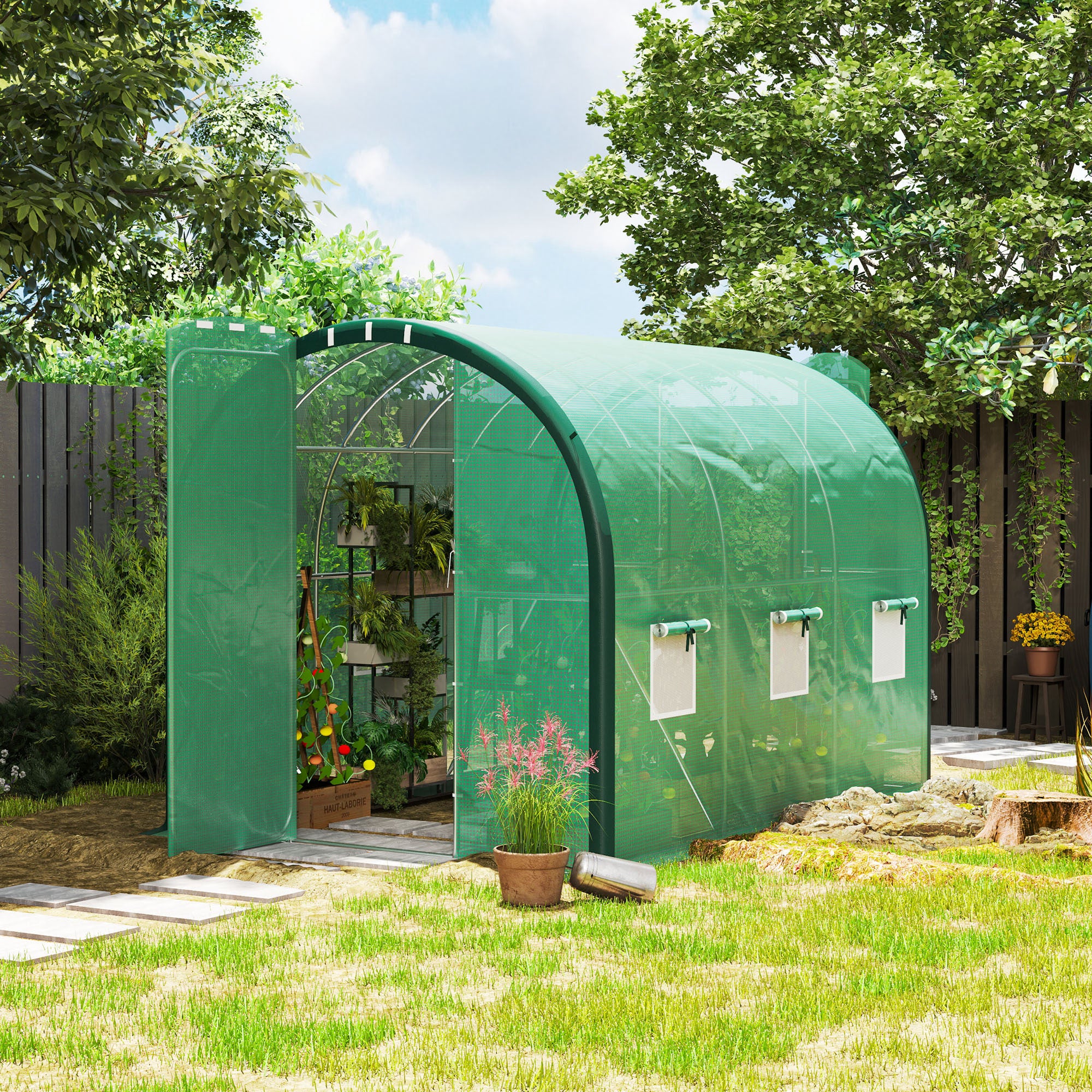 Outsunny 3 x 2(m) Polytunnel Greenhouse, with Windows and Doors - Green - North Peak Garden Furniture