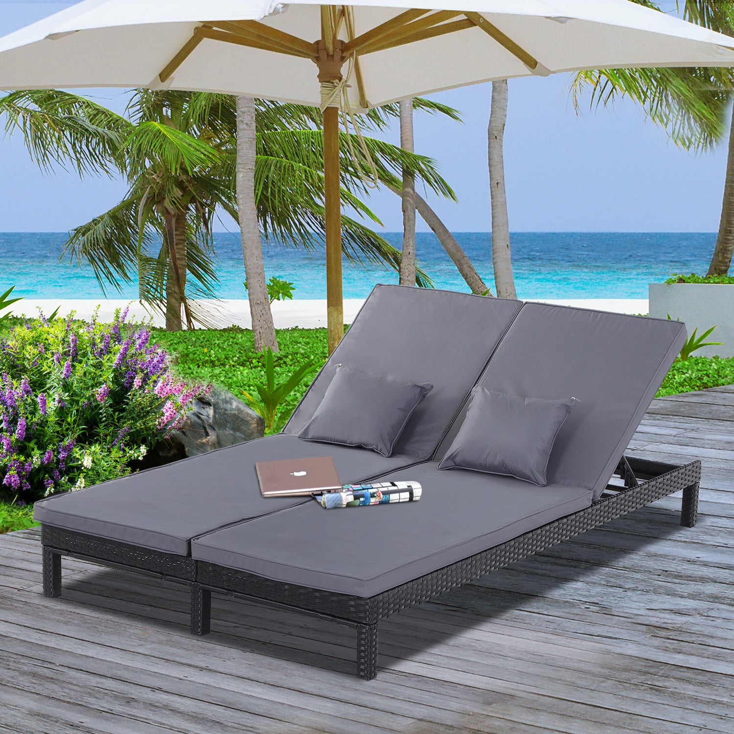Outsunny 2 Seater Rattan Lounger Adjustable Double Chaise Chair Loveseat w/ Cushion Black - North Peak Garden Furniture