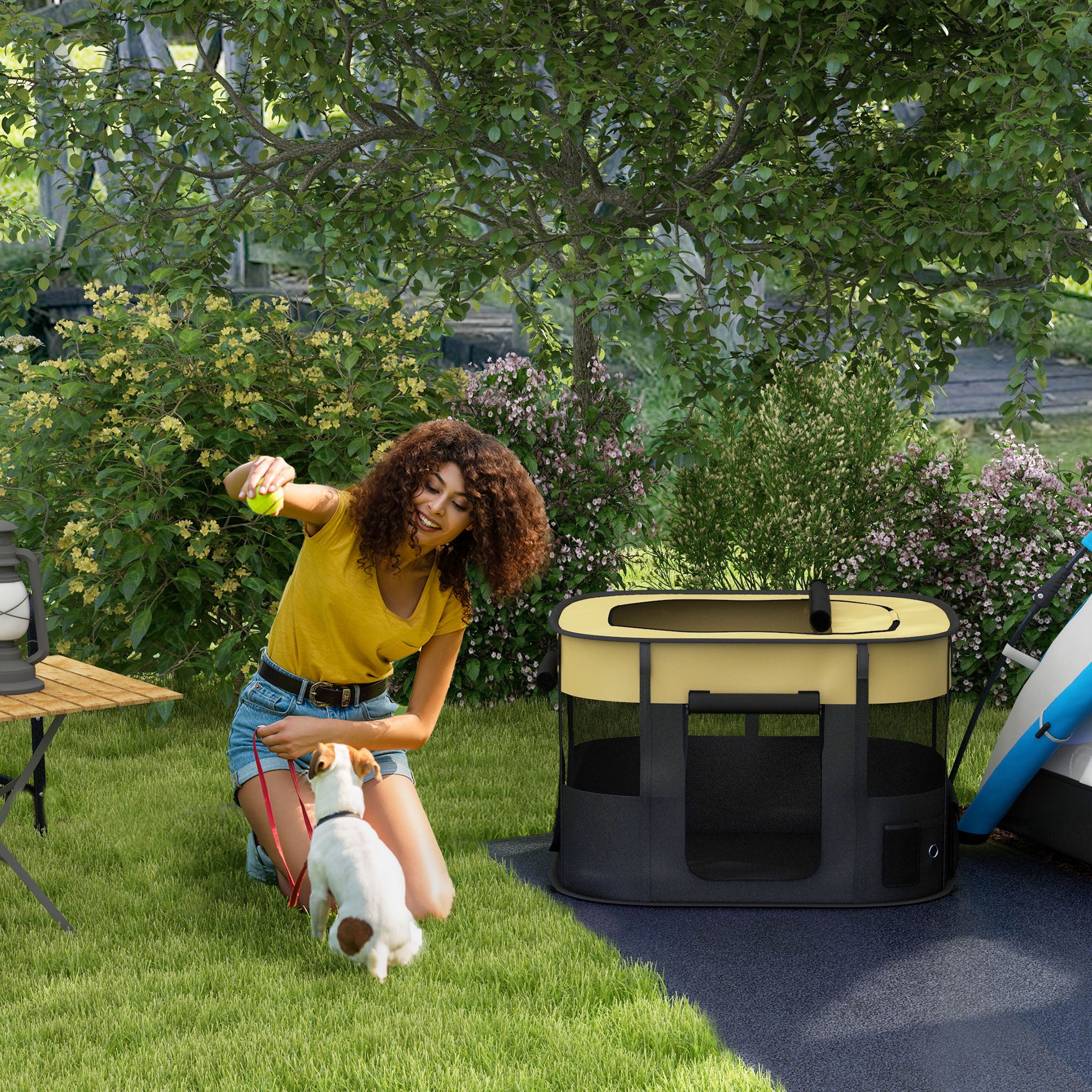 PawHut Foldable Dog Pen with Storage Bag for Indoor/Outdoor Use, Portable Pet playpen, with Ground Stakes - Yellow - North Peak Garden Furniture