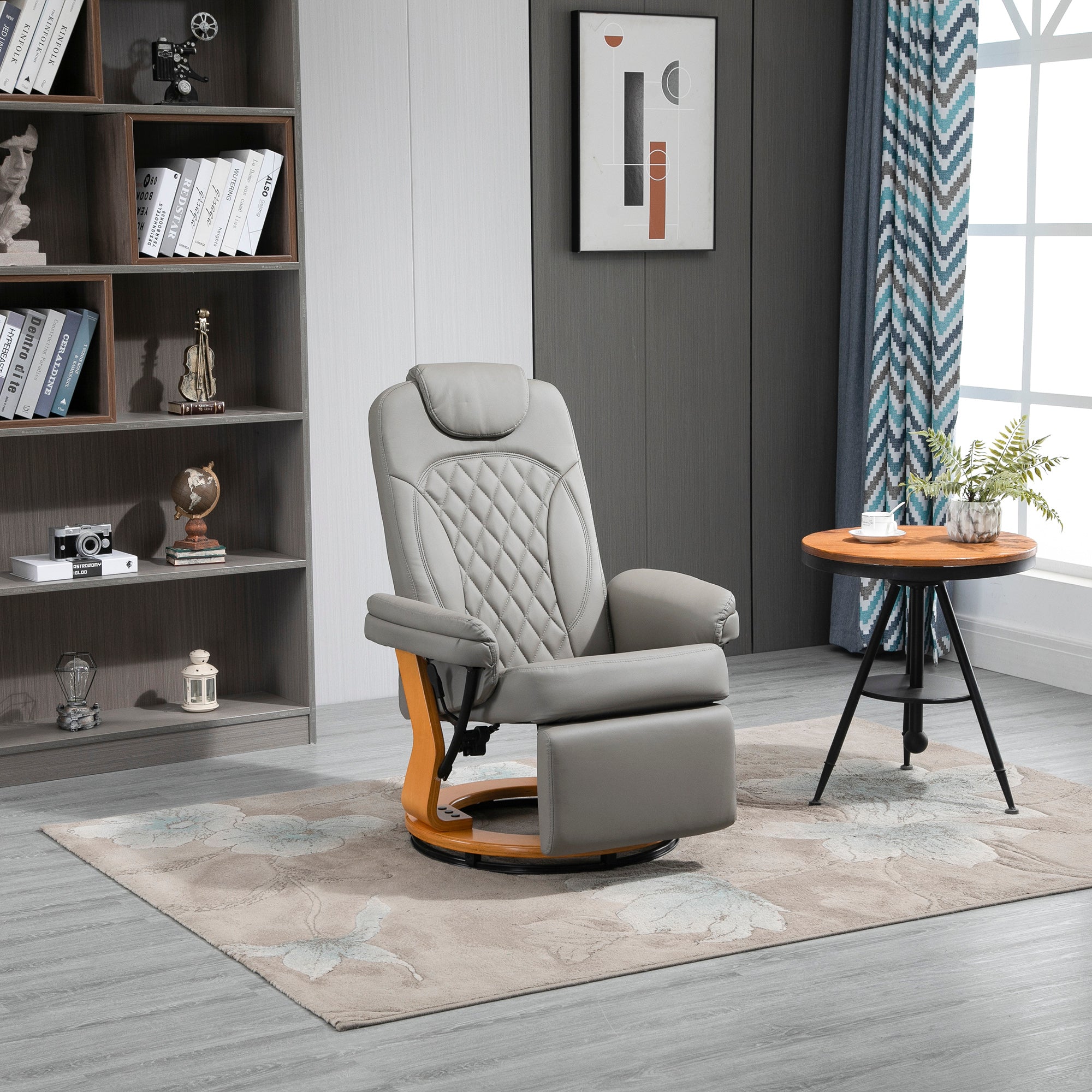 HOMCOM PU Recliner Chair with Footrest, Headrest, Round Wooden Base, Lounge Reading Armchair for Living Room, Bedroom and Office, Grey - North Peak Garden Furniture