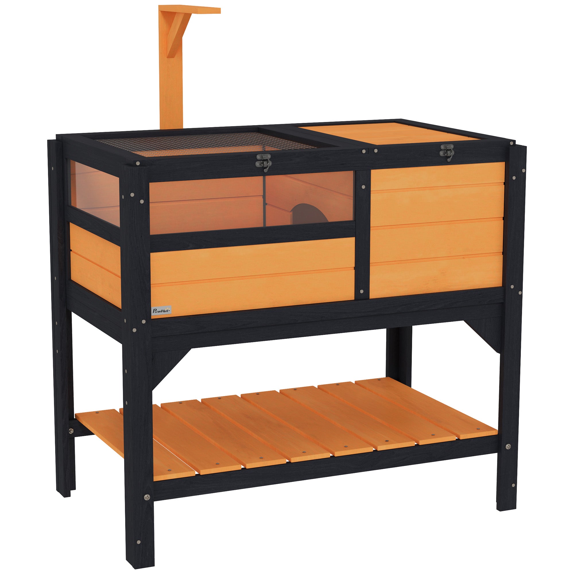 PawHut Wooden Tortoise House, with Shelter, Run, Shelf, Lamp Holder, Tray, Yellow - North Peak Garden Furniture