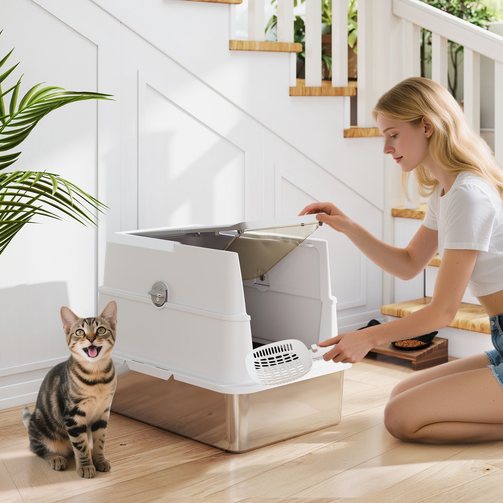 PawHut Extra Large Stainless Steel, Cat Litter Tray with Scoop, Flip Top