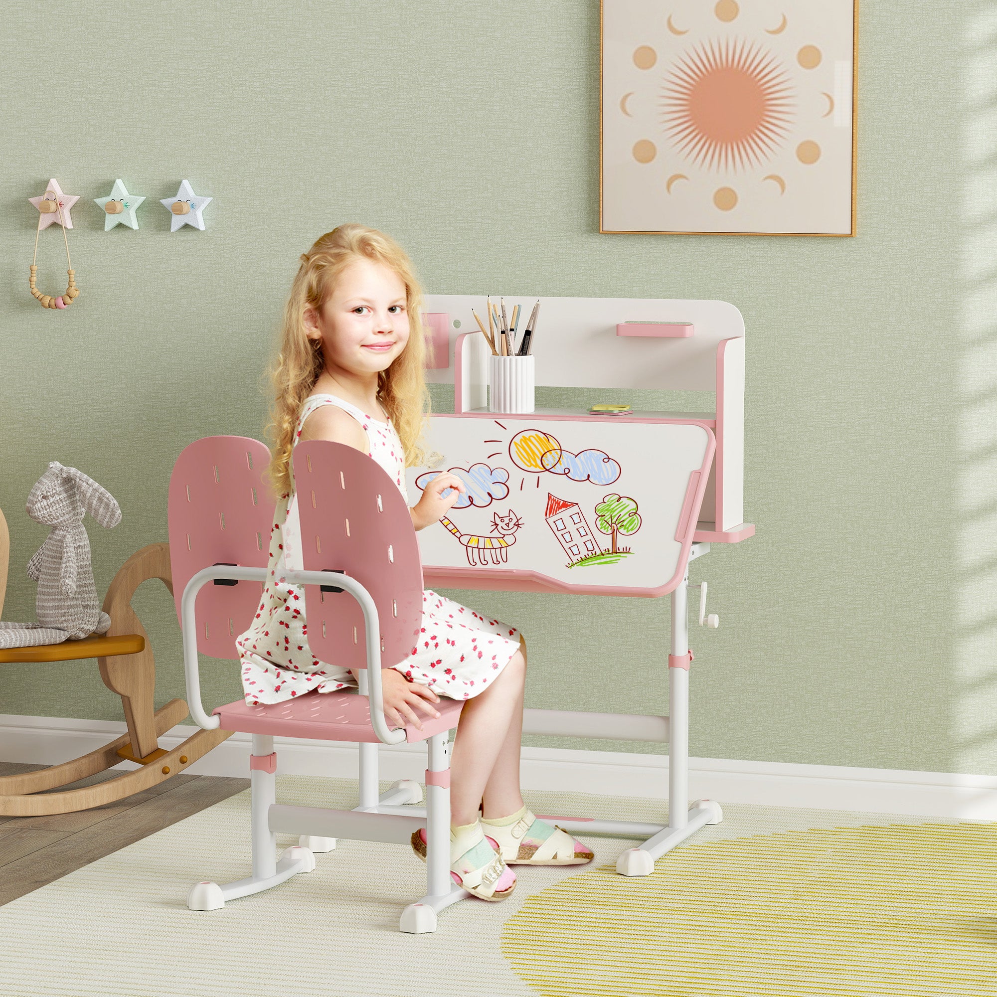 AIYAPLAY Height Adjustable Kids Desk and Chair Set, Children School Study Desk with Tiltable Desktop, Reading Rack, Pink - North Peak Garden Furniture