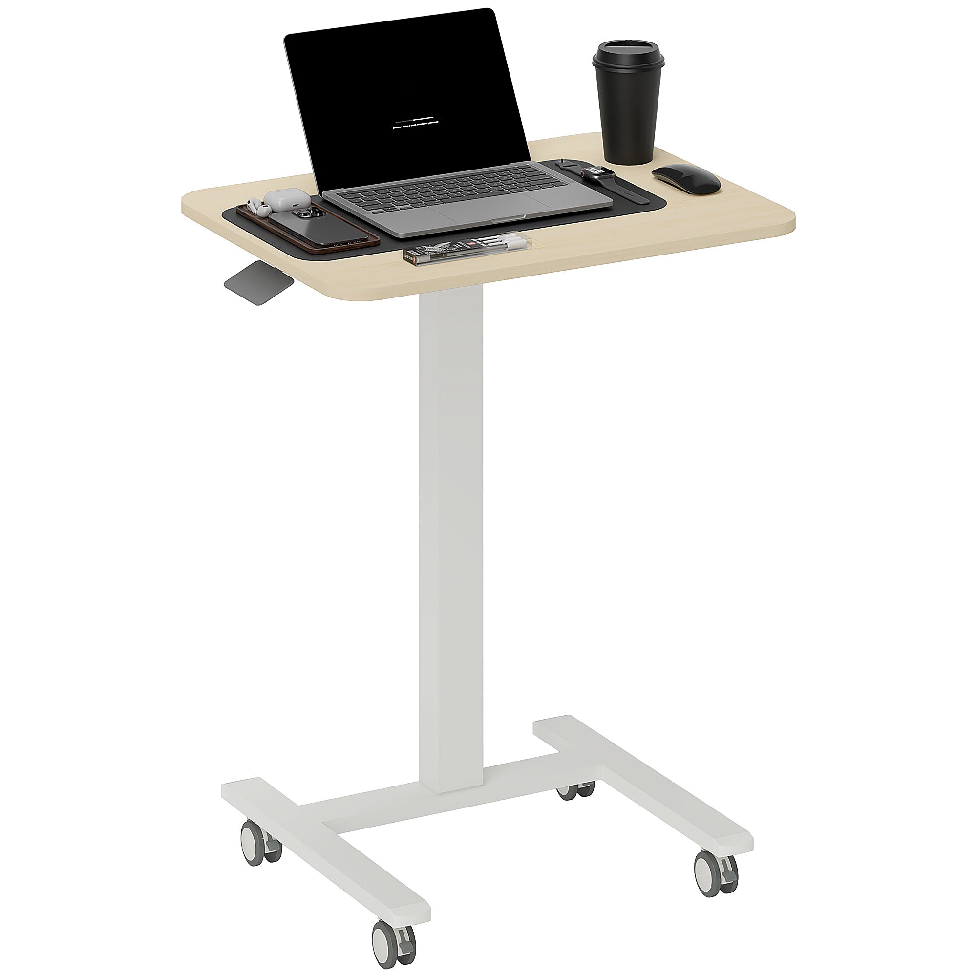 Vinsetto Movable Standing Desk, Height Adjustable Sit Stand Desk with Hand Crank, Stand Up Desk with 4 Rolling Wheels for Home Office, Natural Wood Finish - North Peak Garden Furniture