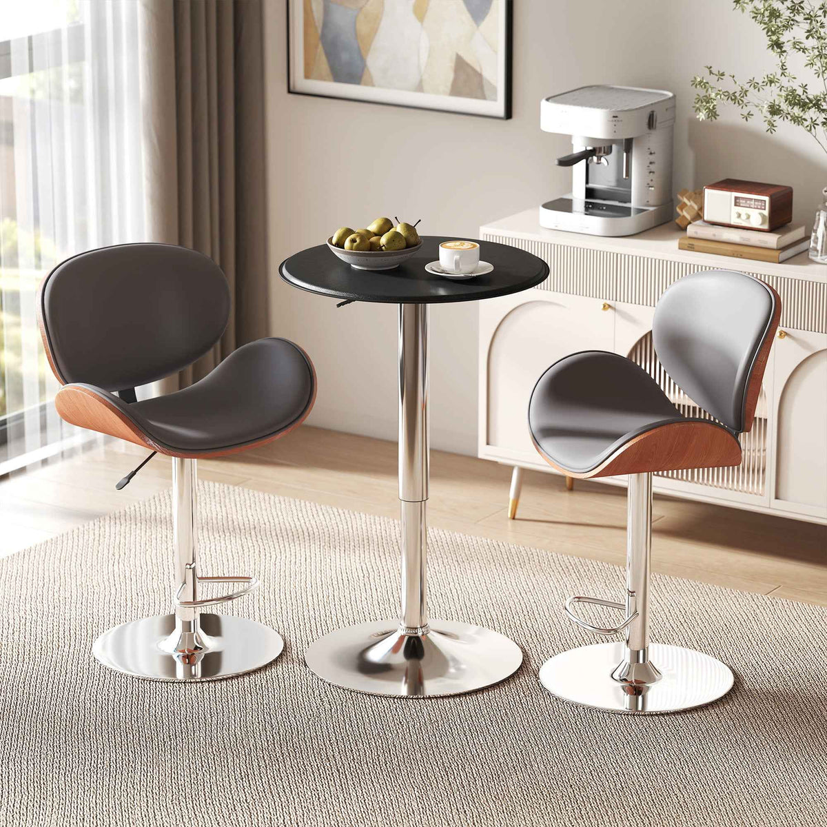 HOMCOM Adjustable Round Bistro Bar Table with PVC Leather Top Steel Base Home Kitchen Dining Desk Black