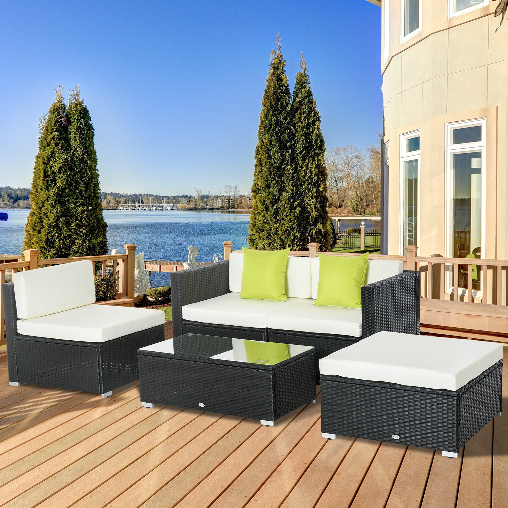 Outsunny 4-Seater Rattan Sofa Set Set Garden Outdoor Sectional Sofa Coffee Table Metal Frame w/Cushion Pillows-Black