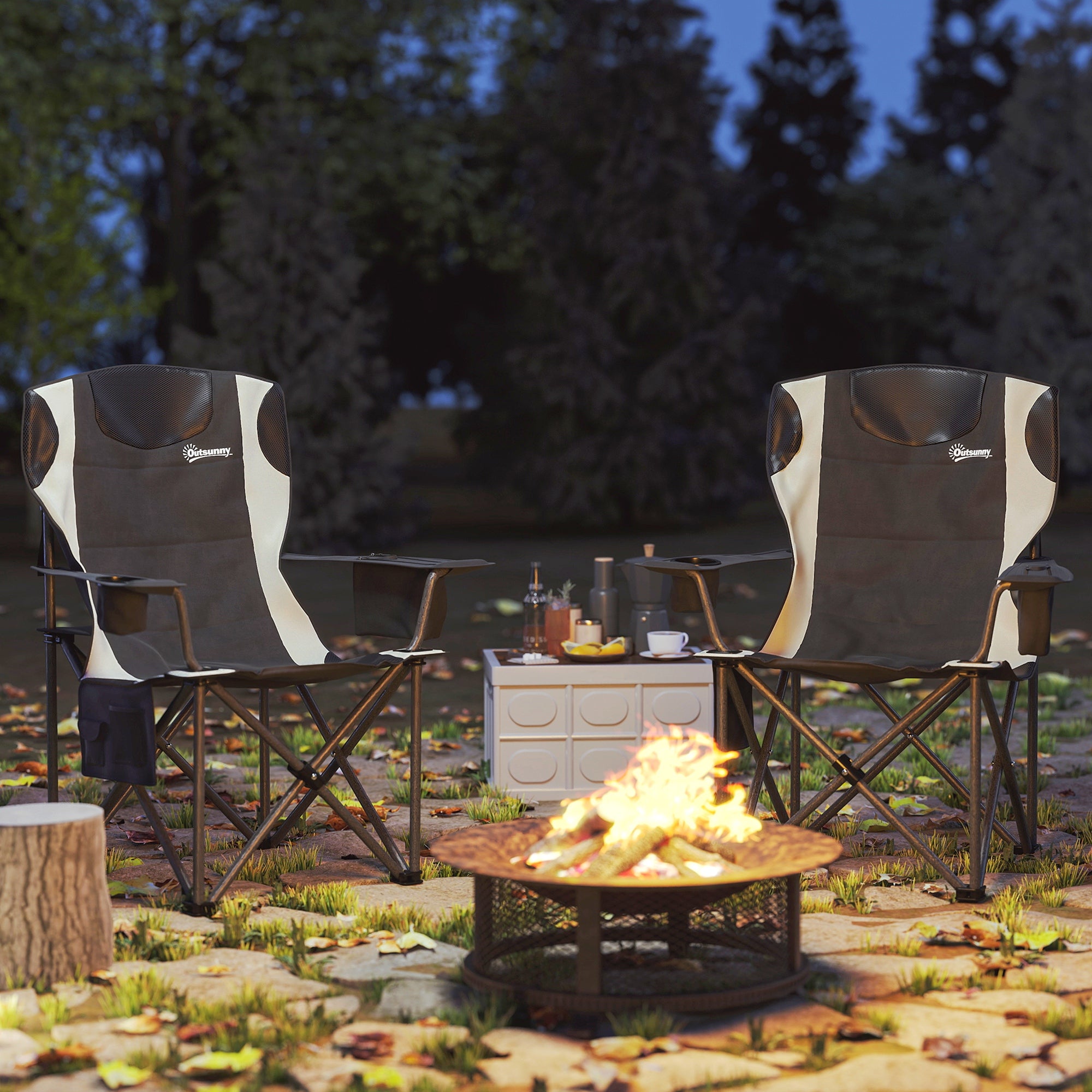 Outsunny Set of 2 Folding Camping Chairs, Padded Camping Chairs with Adjustable Armrests, Portable & Lightweight Folding Camp Chair with Cooler Bag, Cup Holder and Side Pockets, Black - North Peak Garden Furniture