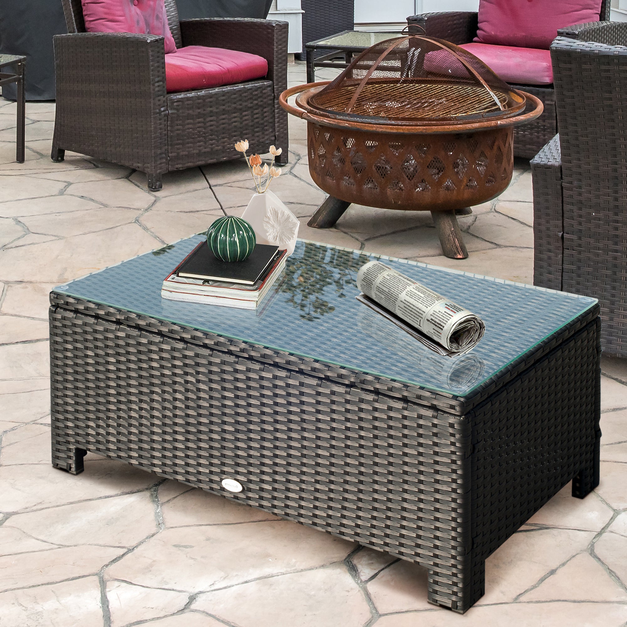 Outsunny Outdoor PE Rattan Coffee Table, Rectangular Garden Tea Table w/ Tempered Glass Top, Black - North Peak Garden Furniture