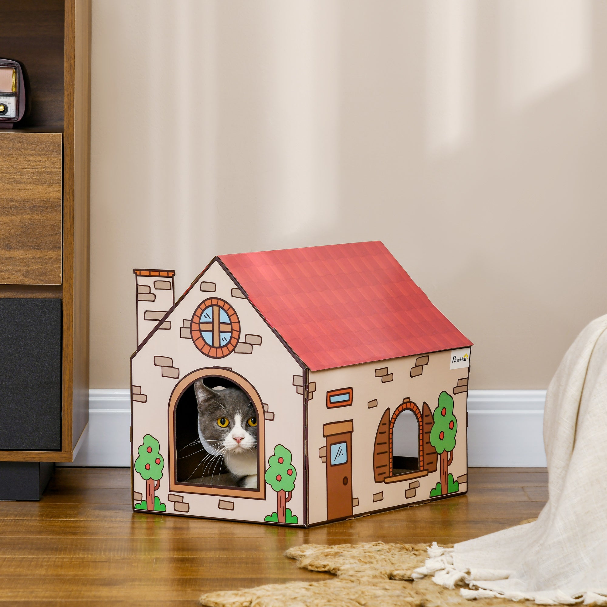 PawHut Two-In-One Cat House, Cat Scratching Board with Scratcher, Catnip, Cat Cardboard Scratcher for Indoor Cats - North Peak Garden Furniture