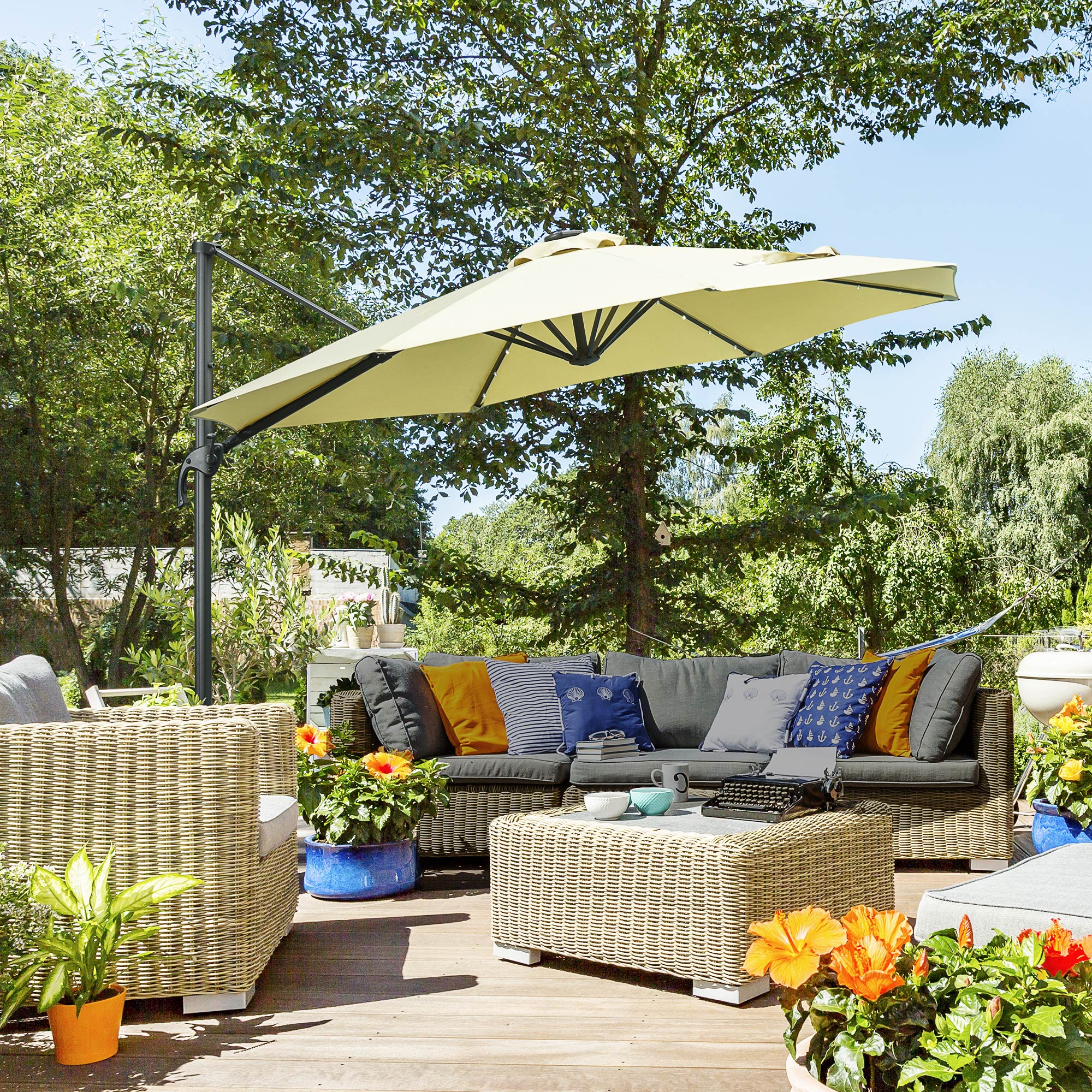 Outsunny 3(m) LED Cantilever Parasol Garden Sun Umbrella w/ Base and Solar Lights Beige - North Peak Garden Furniture