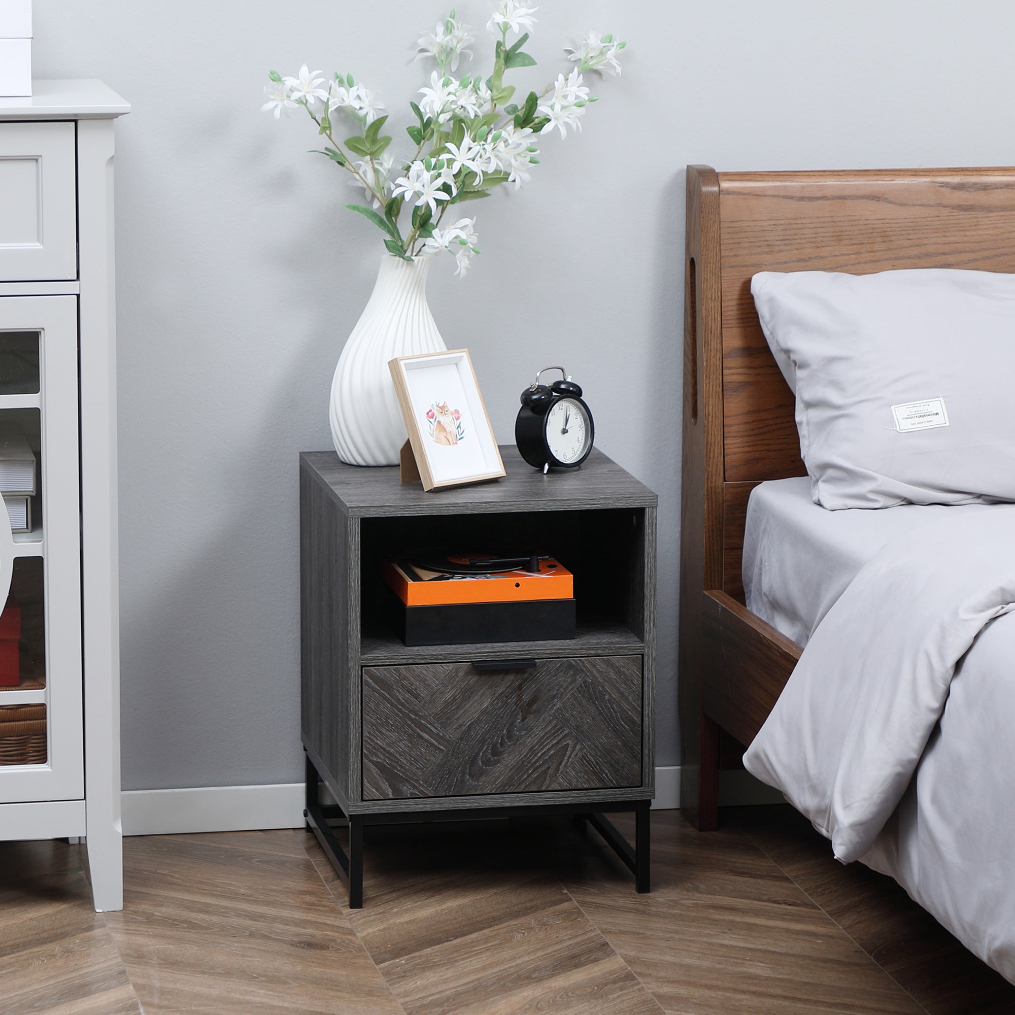 HOMCOM Bedside Table with Drawer and Shelf, Side End Table with Steel Legs for Living Room, Bedroom, Dark Grey - North Peak Garden Furniture