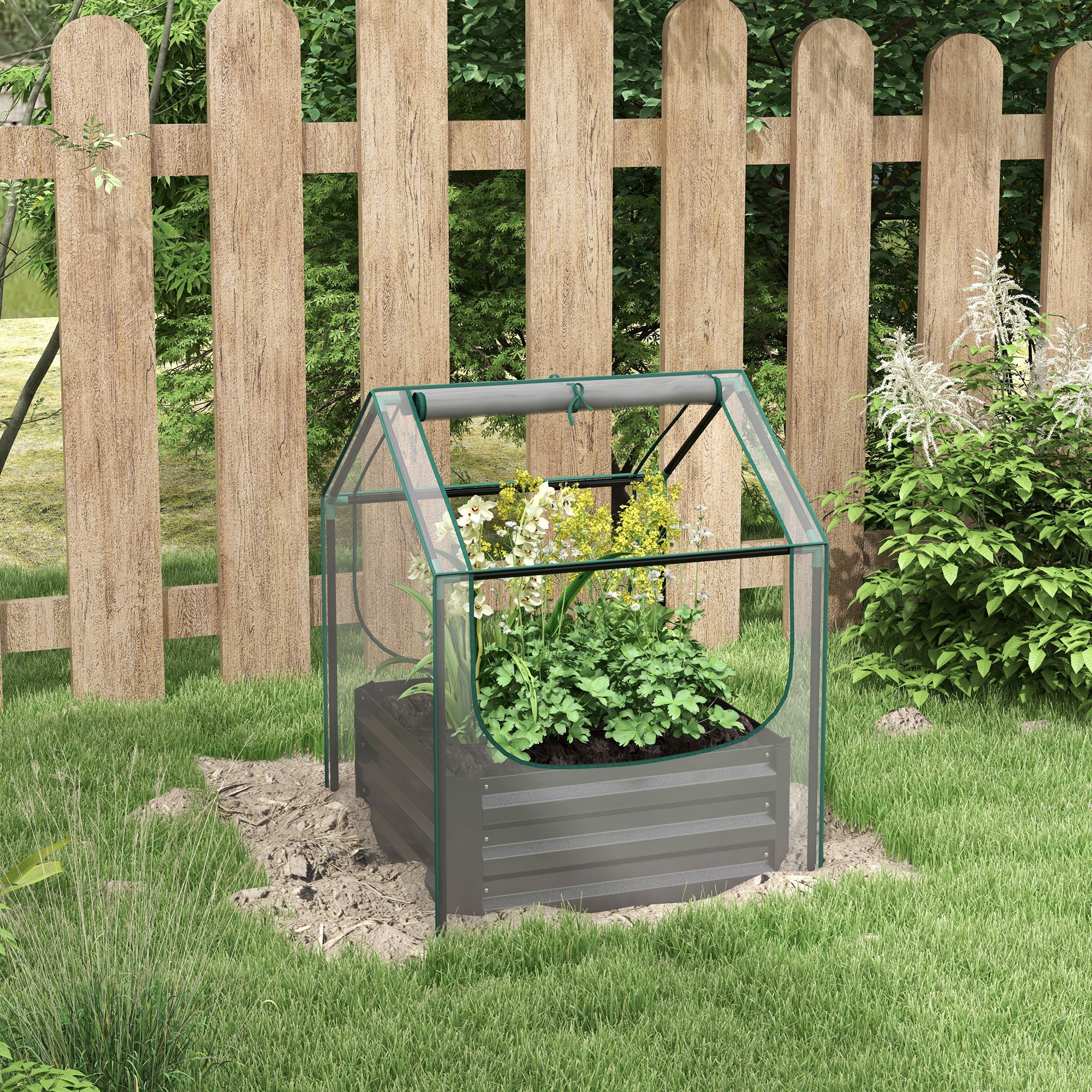 Outsunny Metal Planter Box with Cover, Raised Garden Bed with Greenhouse, for Herbs and Vegetables, Clear and Dark Grey - North Peak Garden Furniture