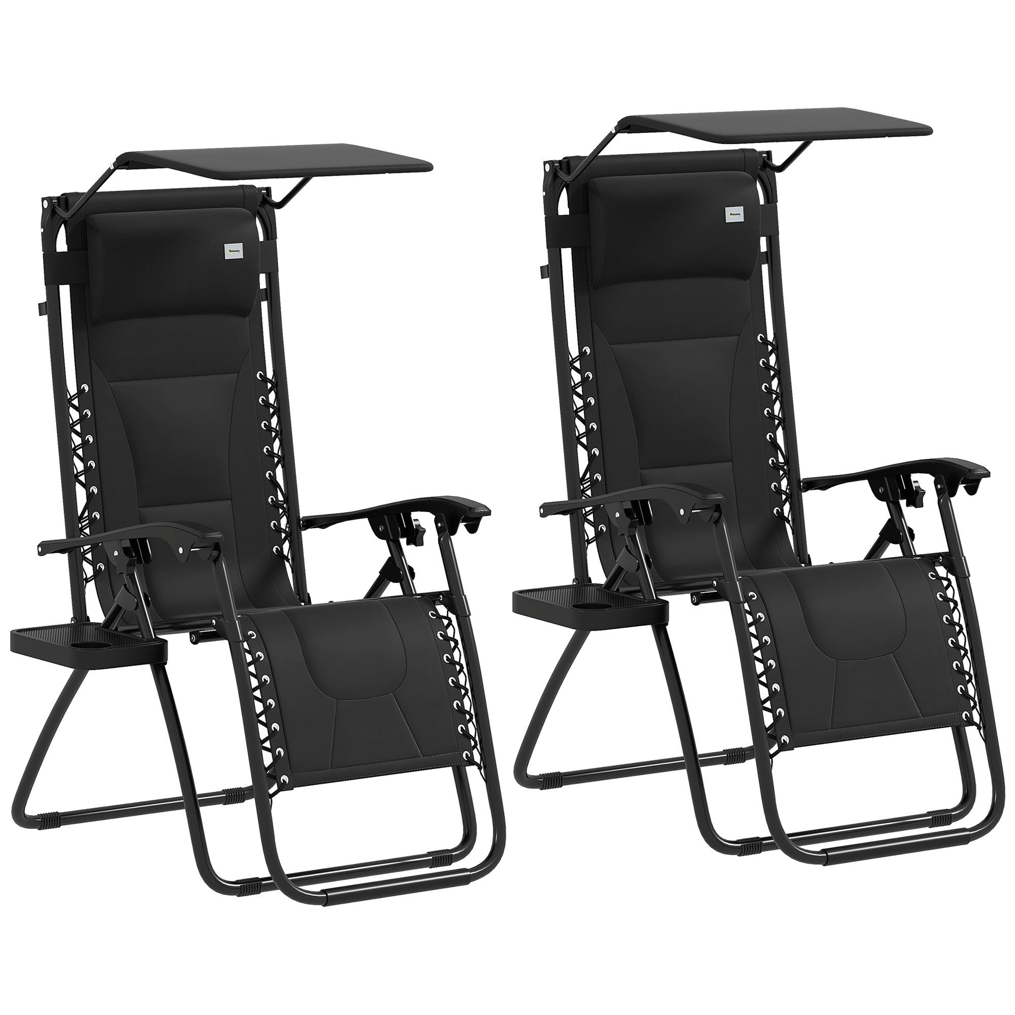 Outsunny Zero Gravity Lounger Chair Set of 2, Folding Reclining Patio Chair with Shade Cover, Padded Seat, Cup Holder, Soft Cushion and Headrest for Poolside, Camping, Black - North Peak Garden Furniture
