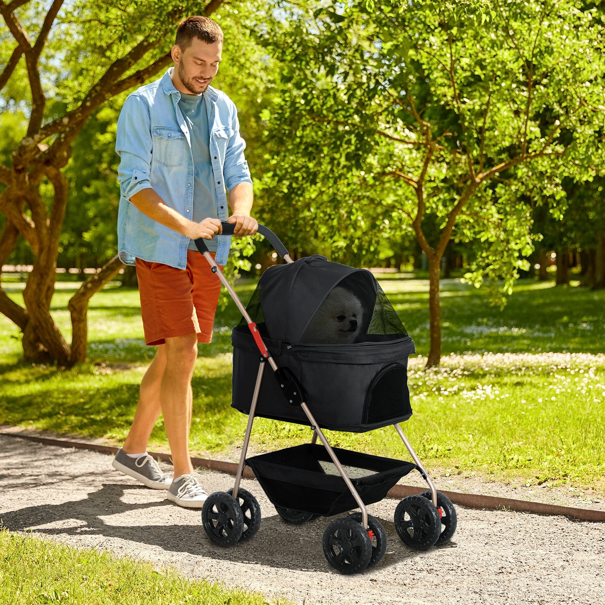 PawHut 3 in 1 Pet Stroller, Folding 4 Wheels Dog Pram with Detachable Carrier for Mini Dogs Cats, Black - North Peak Garden Furniture