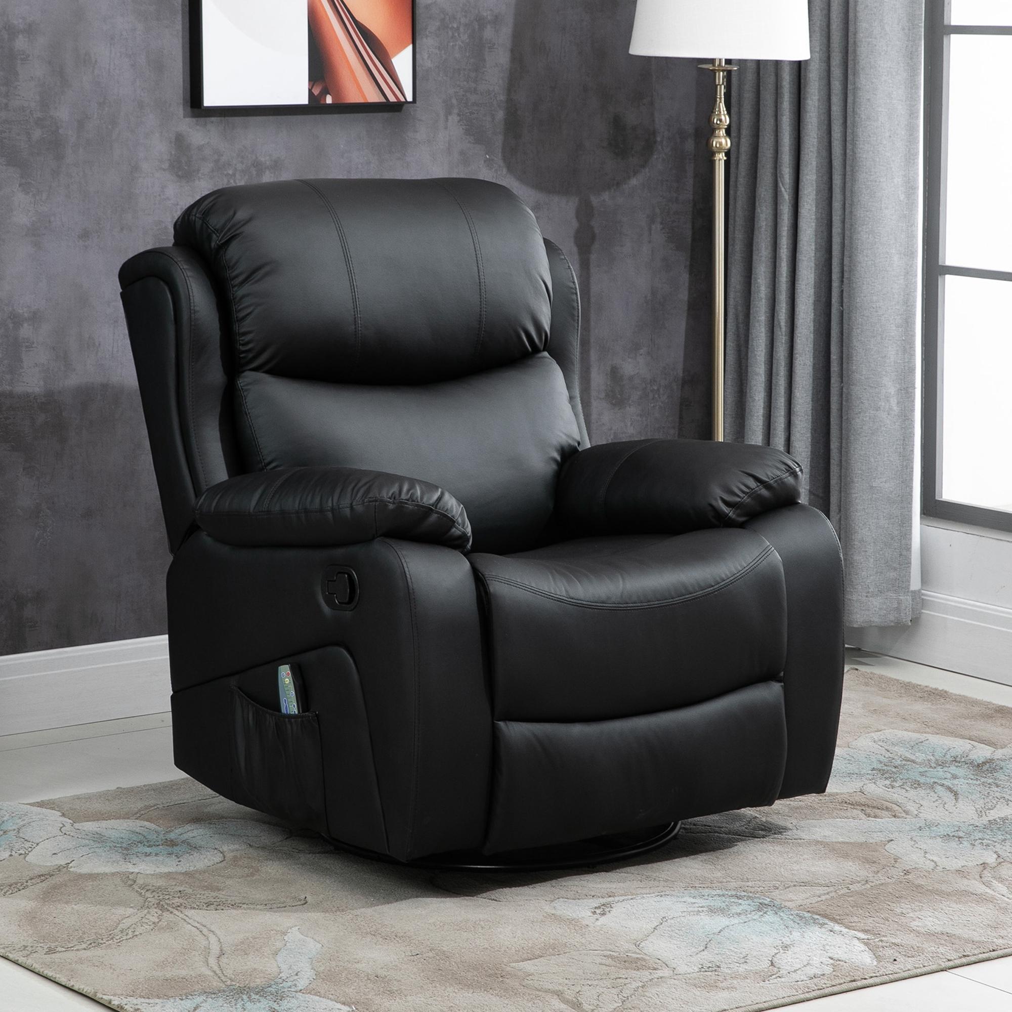 HOMCOM PU Leather Reclining Chair with 8 Massage Points and Heat, Manual Recliner with Swivel Base, Footrest and Remote, Black - North Peak Garden Furniture