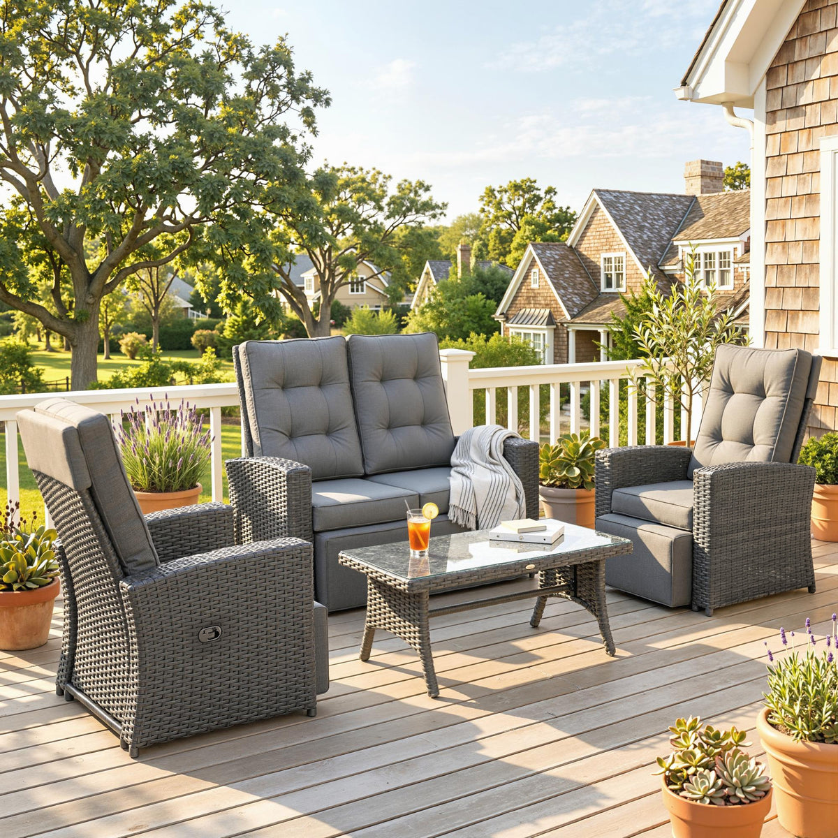 Outsunny 4 Piece Rattan Garden Furniture Sets, 4 Seater Outdoor Sofa Sectional with Wicker Sofa, Reclining Armchair and Glass Table for Yard, Poolside, Grey