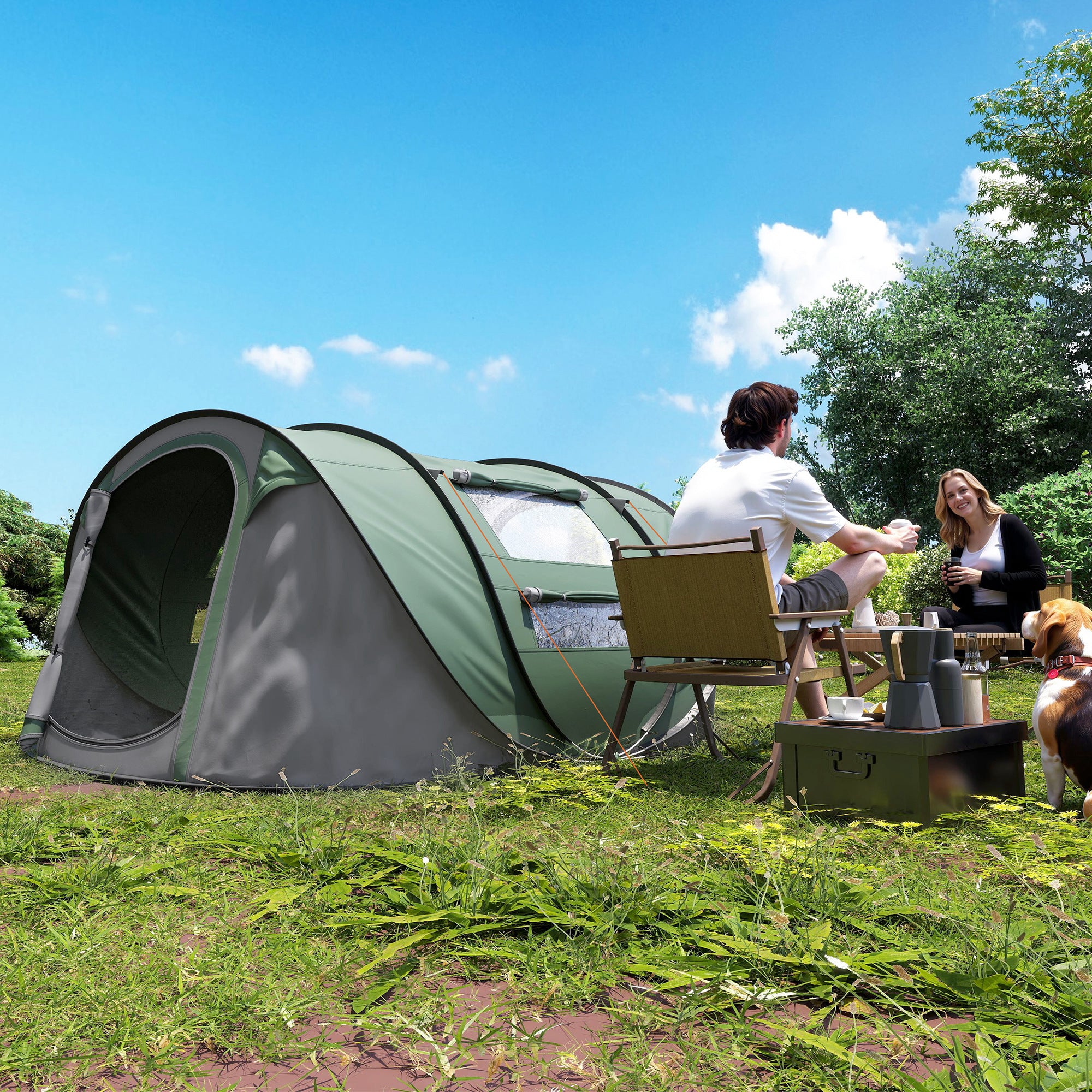 Outsunny 4-5 Person Pop-up Camping Tent Waterproof Family Tent w/ 2 Mesh Windows & PVC Windows Portable Carry Bag for Outdoor Trip, Dark Green