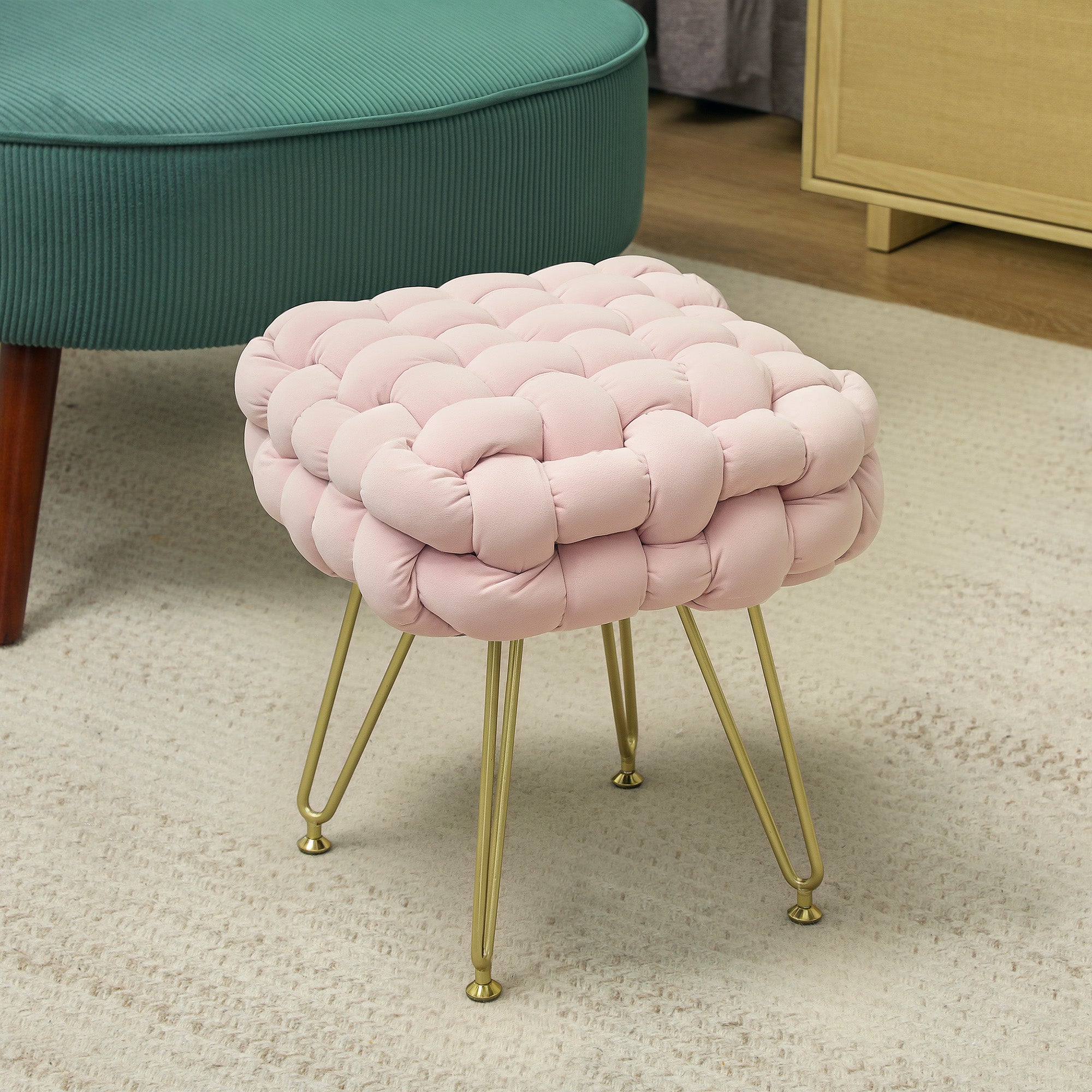 HOMCOM Velvet-Feel Bold Woven Footstool - Pink - North Peak Garden Furniture