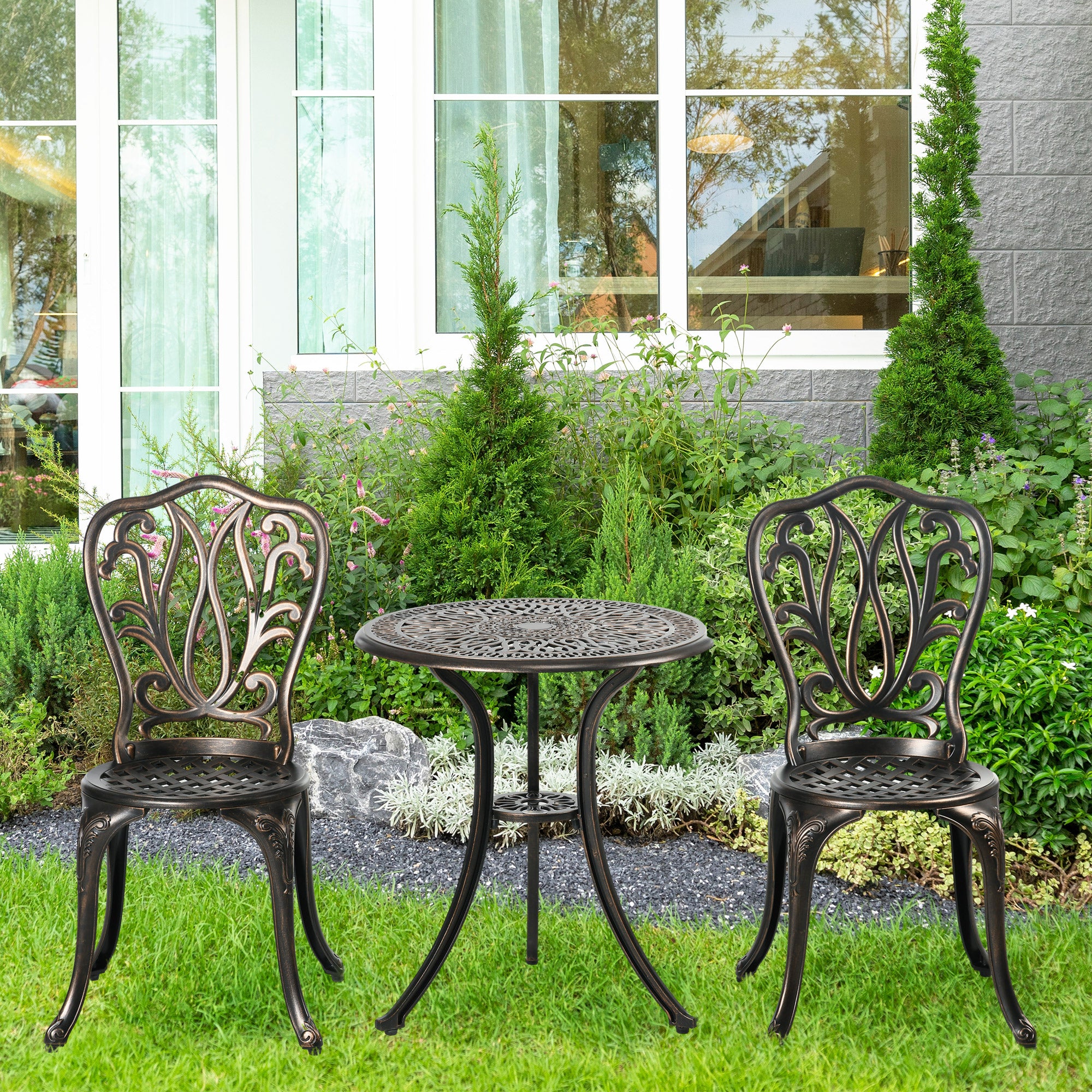 Outsunny 3 Piece Garden Bistro Set Aluminium Outdoor Furniture Set for 2 Patio Chairs and Table with Umbrella Hole Bronze Tone - North Peak Garden Furniture