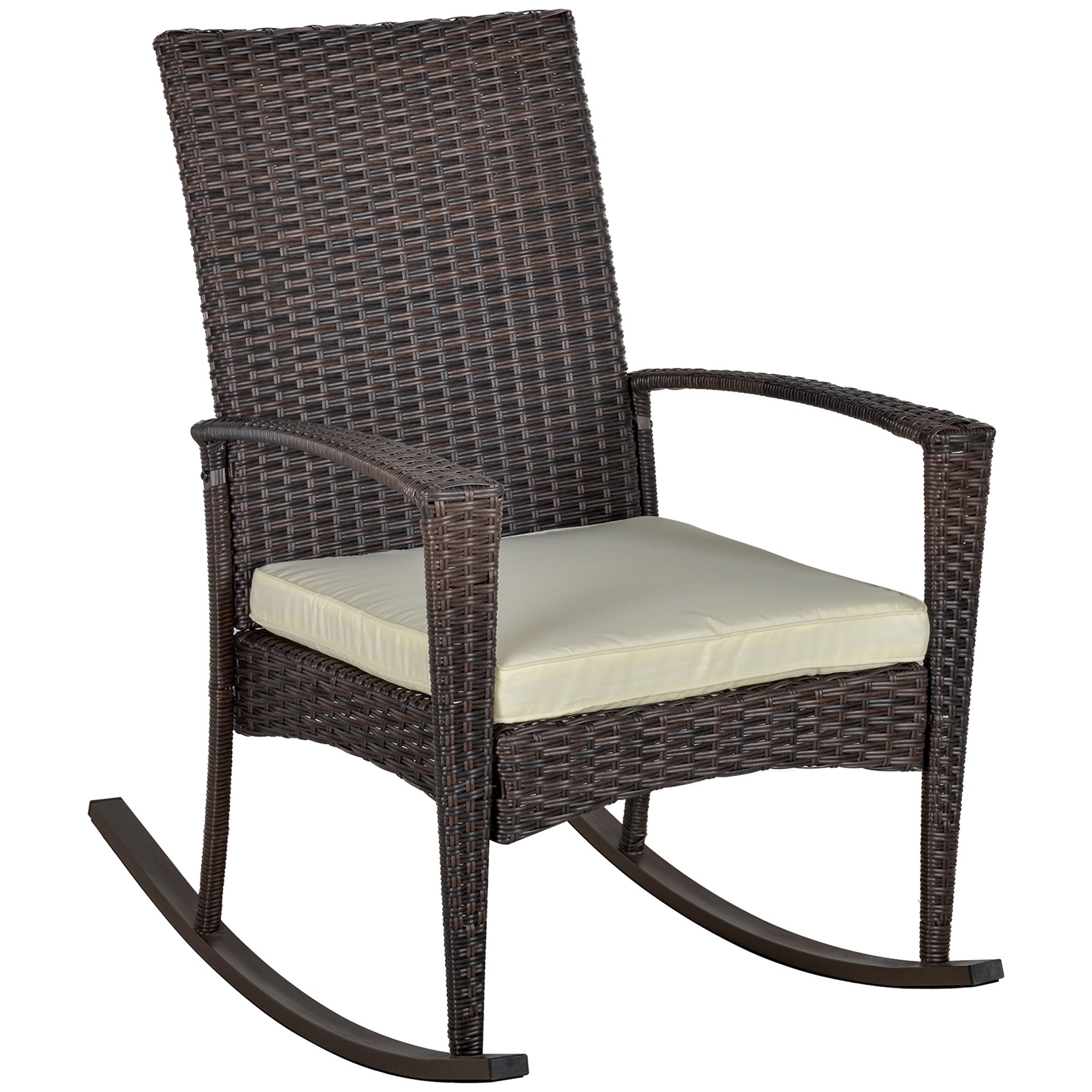 Outsunny Outdoor PE Rattan Rocking Chair, Garden Rocking Chair Set with Armrest and Cushion, Brown - North Peak Garden Furniture