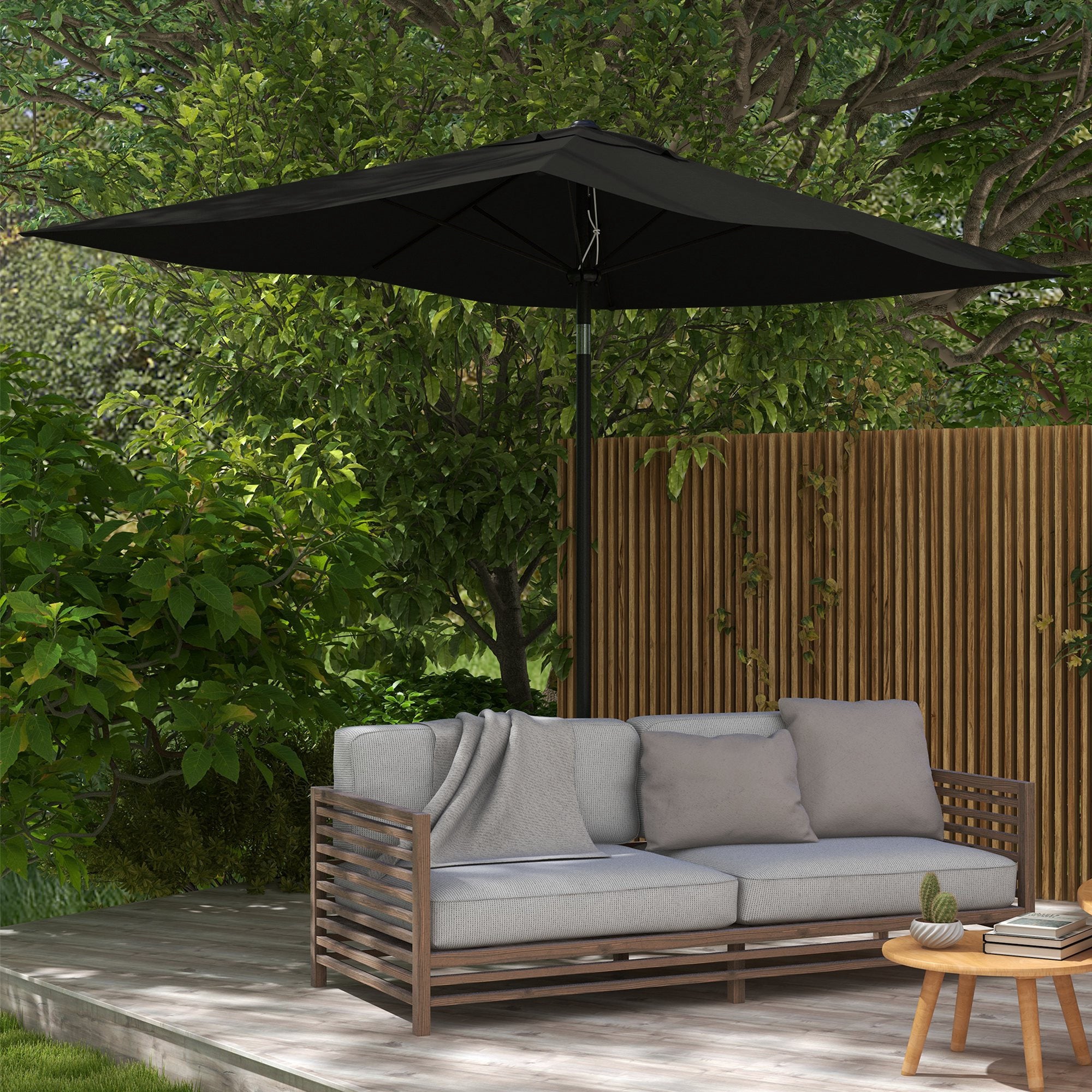 Outsunny 2 x 3(m) Garden Parasol Umbrella, Rectangular Outdoor Market Umbrella Sun Shade with Crank & Push Button Tilt, 6 Ribs, Aluminium Pole, Black - North Peak Garden Furniture