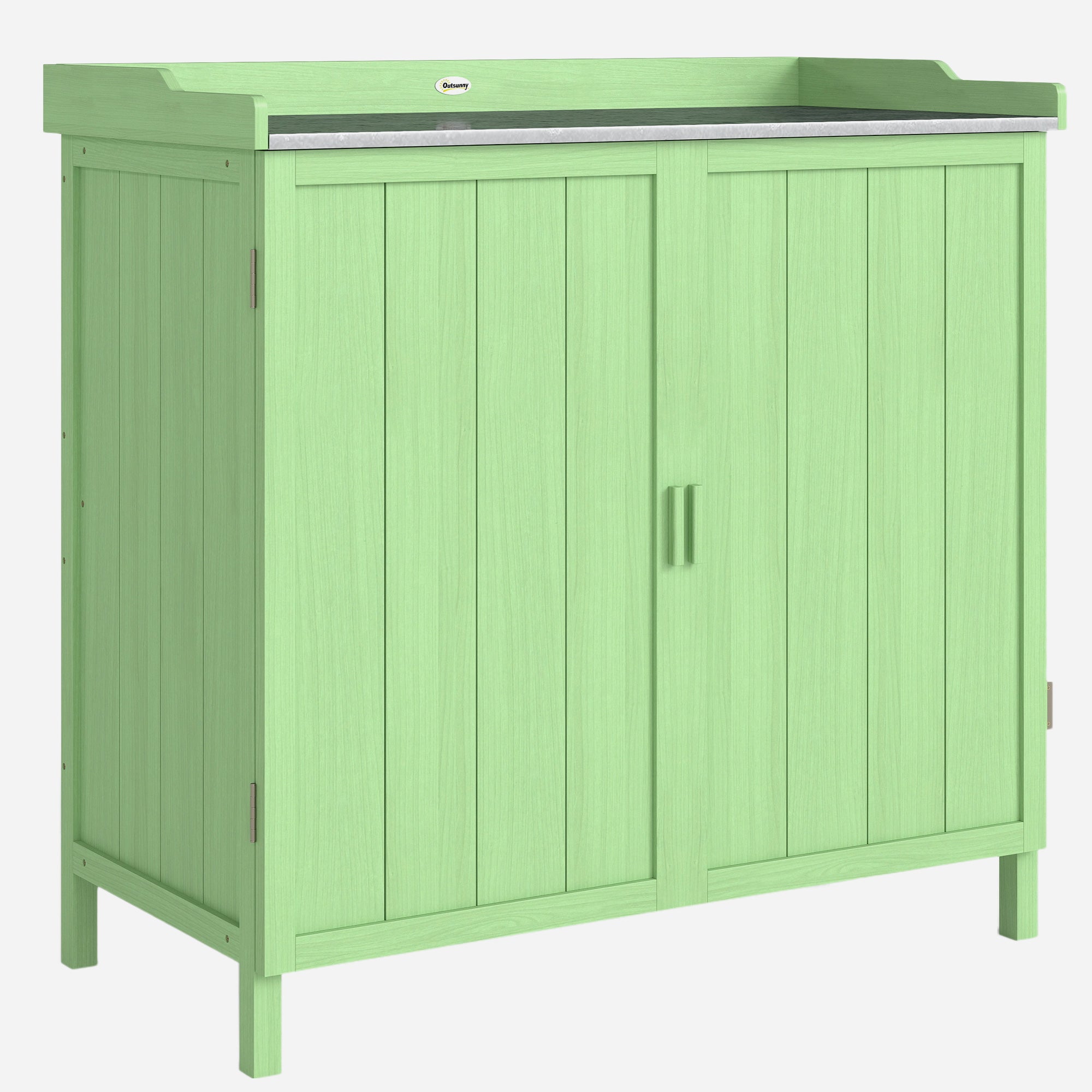 Outsunny Wood Garden Storage Cabinet, Outdoor Tool Shed, Potting Bench Table with galvanised Top and Two Shelves for garden Tools or Pool Accessories, Green