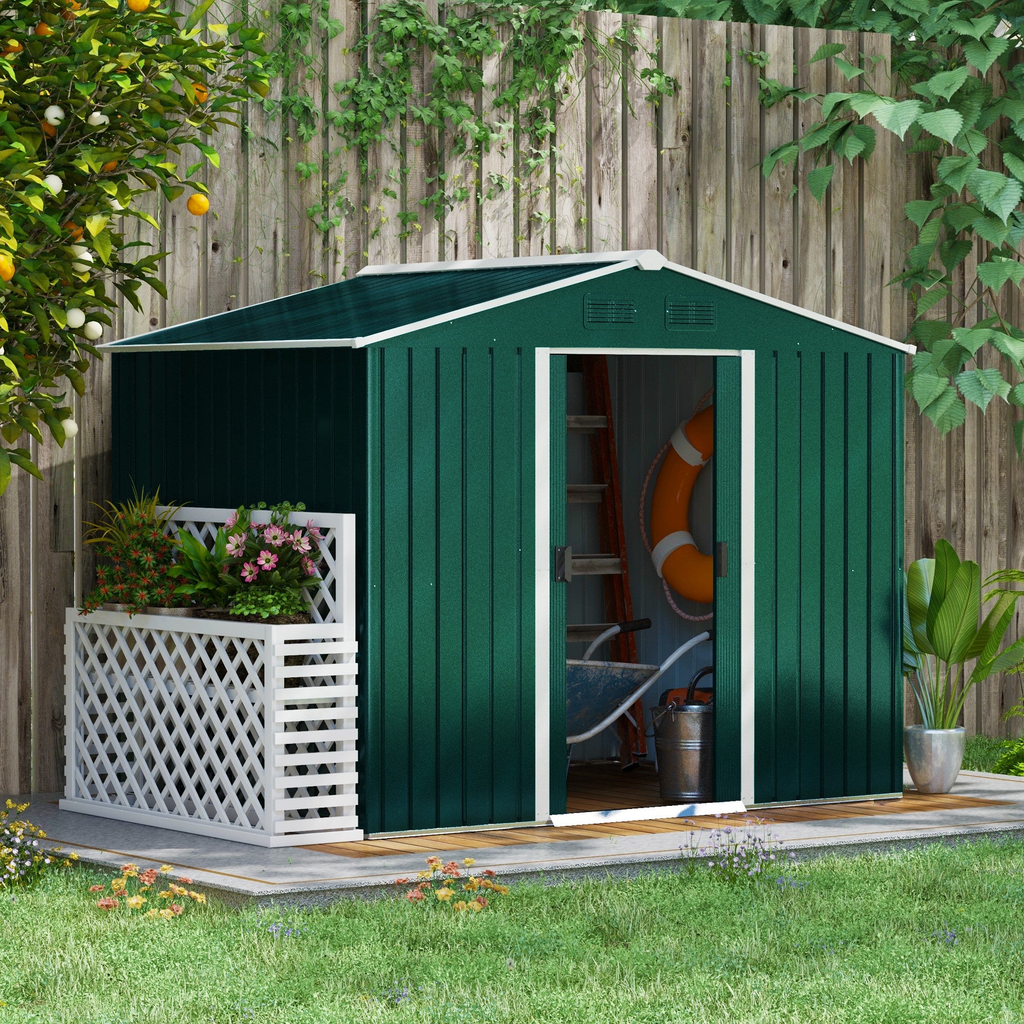 Outsunny 7.7 x 5.7ft Metal Garden Shed with Ventilation Slots and Sliding Doors, Galvanised Outdoor Tool Storage House, Green - North Peak Garden Furniture