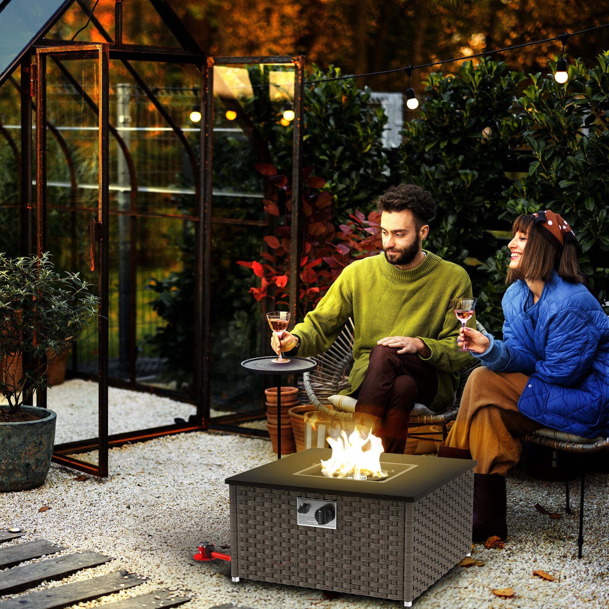 Outsunny Rattan Gas Fire Pit Table for Garden, 13 KW Smokeless Propane Fire Pit with Lid, Square Garden Coffee Table with Patio Heater for Outdoor, Patio, 58 x 58 x 33 cm, Grey - North Peak Garden Furniture