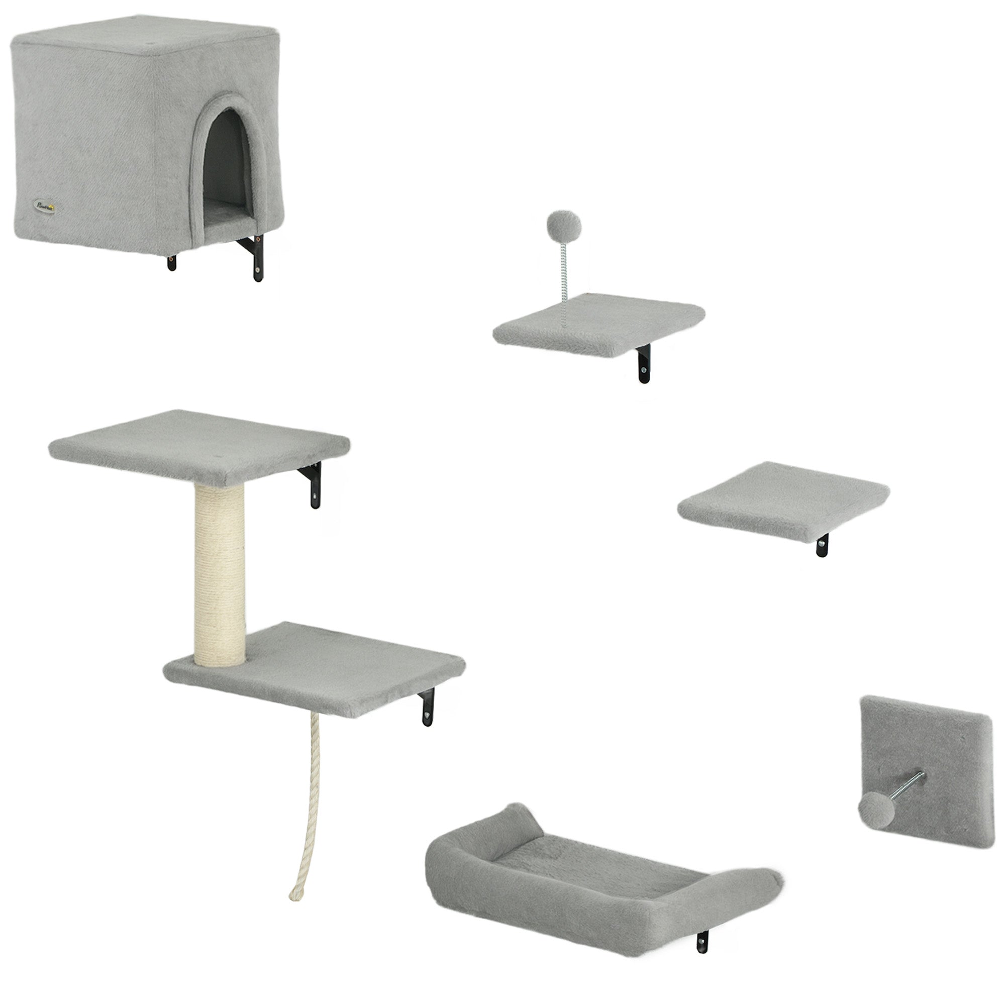 PawHut 6-Piece Cat Wall Shelves Set with Condo, Cat Wall Furniture with Platforms, Sisal Scratching Post, Bed, Toy Ball, Grey - North Peak Garden Furniture