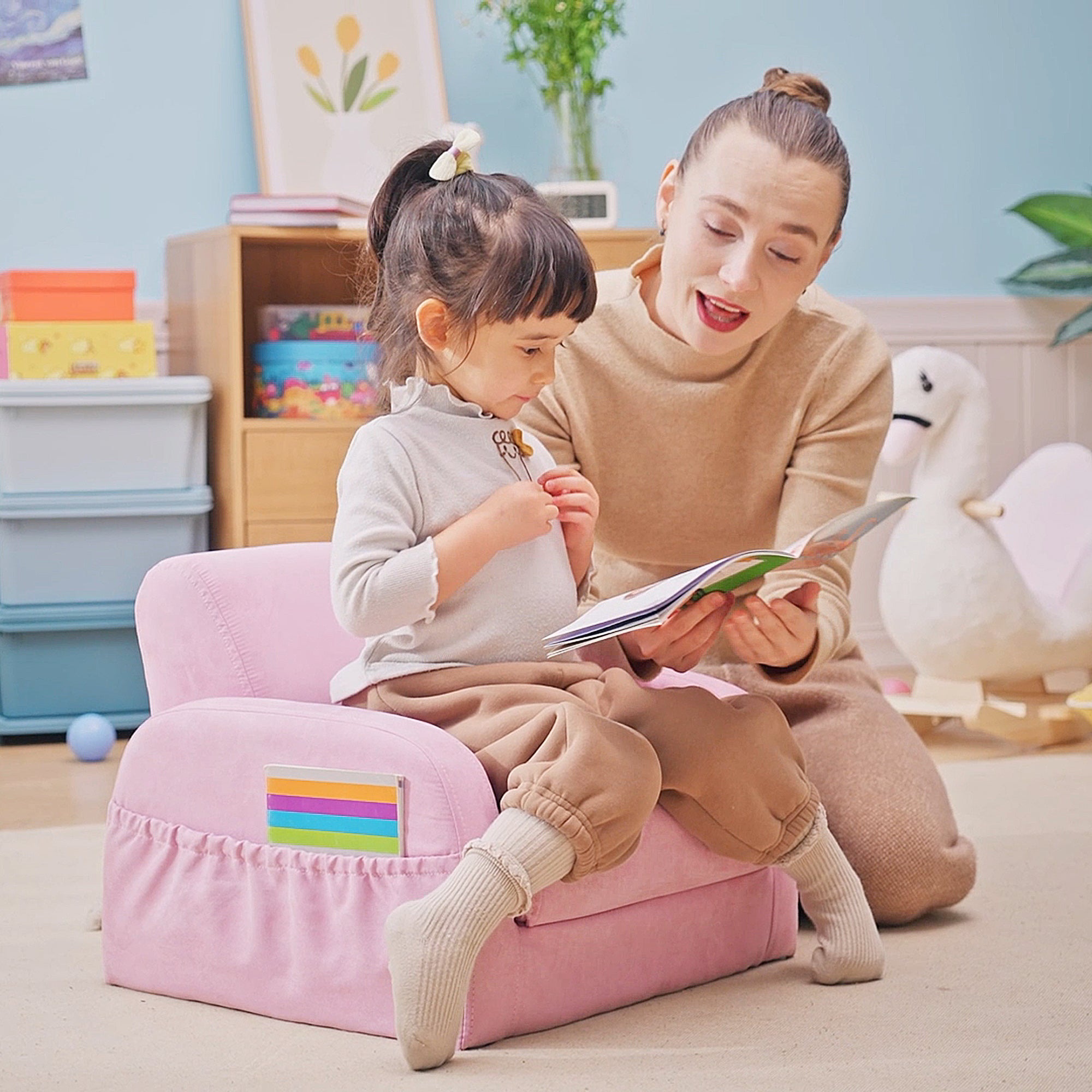 HOMCOM 2-in-1 Kids Armchair, Toddler Sofa Bed, with Wood Frame, for Bedroom, Playroom - Pink - North Peak Garden Furniture
