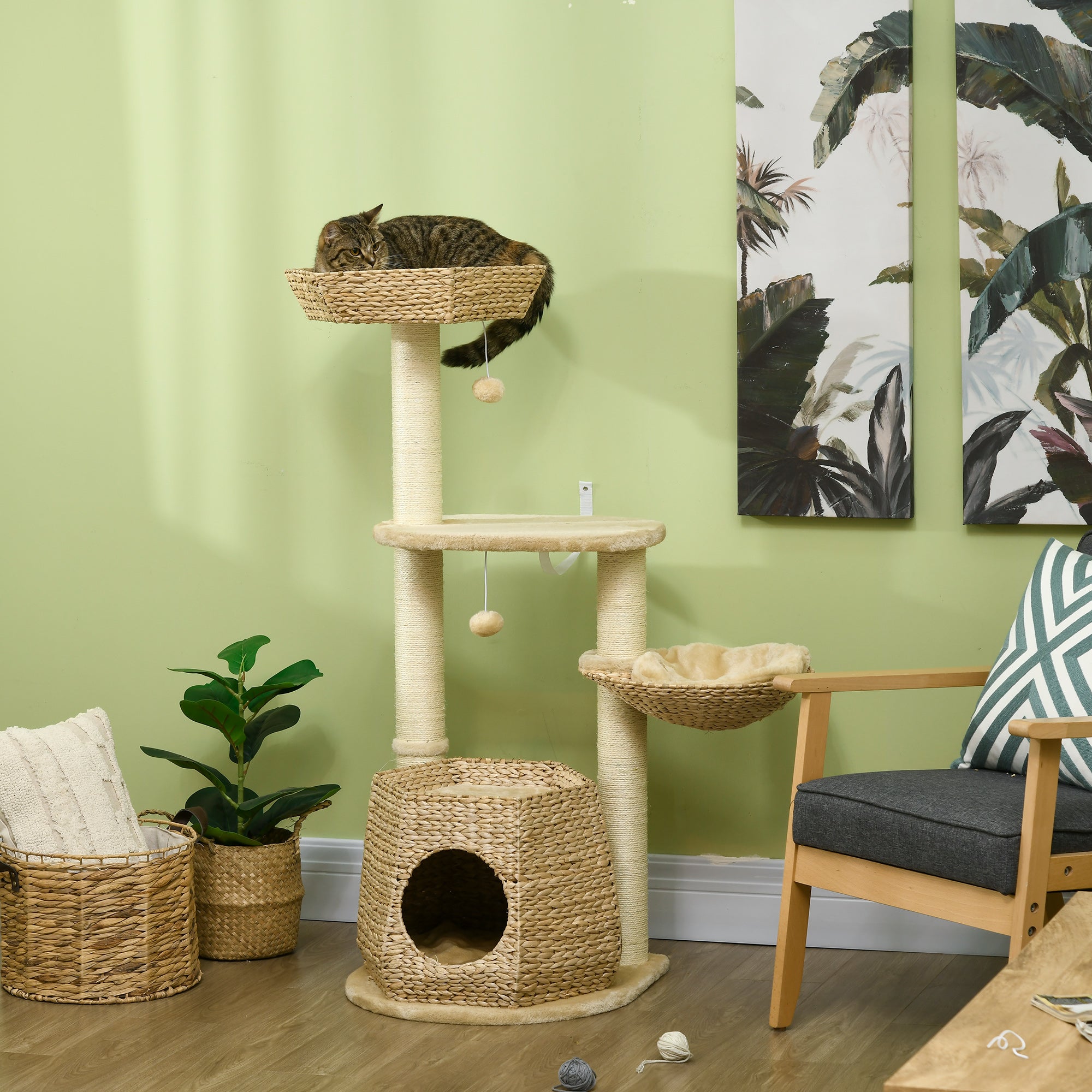 PawHut Cat Tree Activity Centre, with Cattail, Bed, Cat House, Sisal Post, Ball - Natural Tone - North Peak Garden Furniture