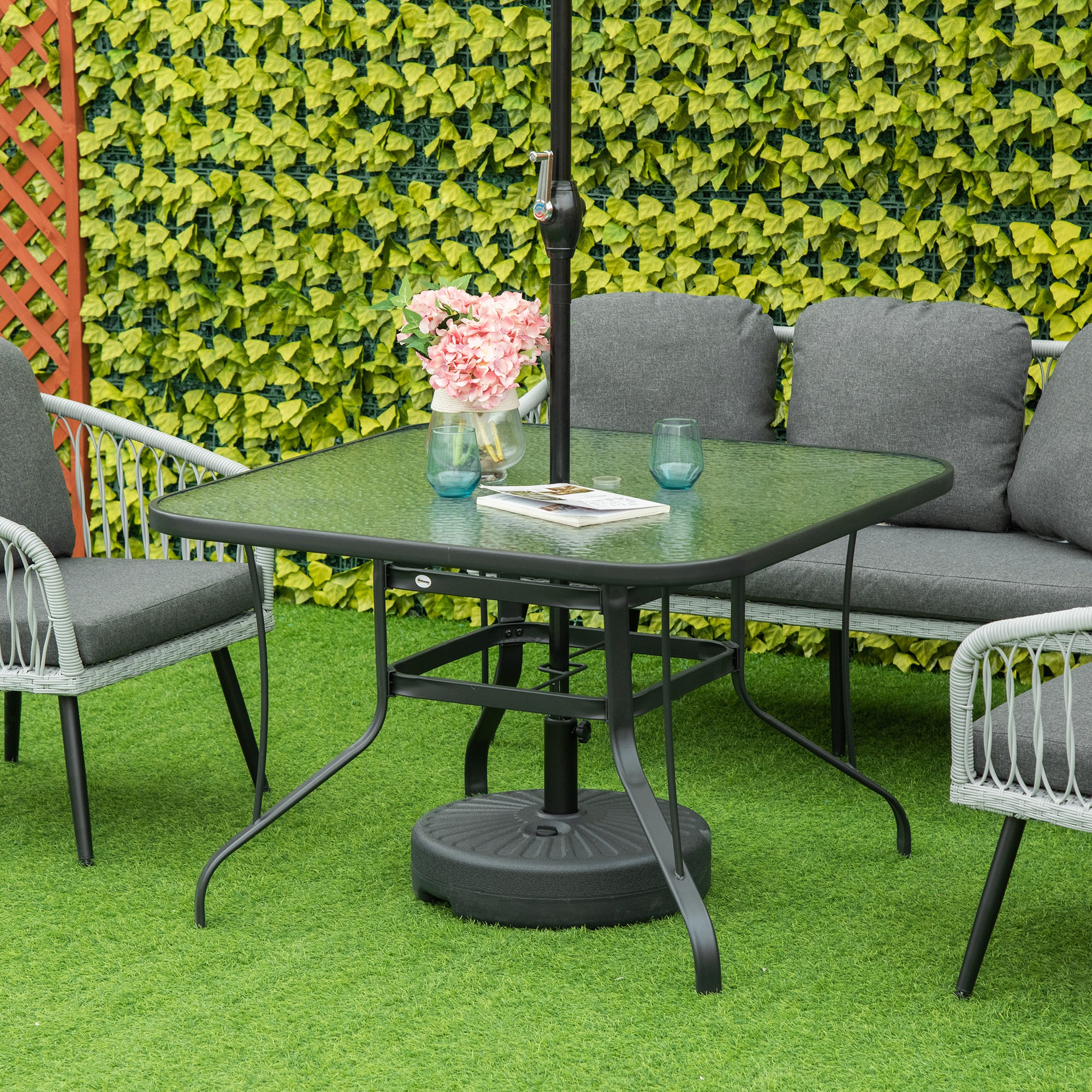 Outsunny Square Outdoor Garden Dining Table with Parasol Hole, Tempered Glass Top, Steel Frame for Garden, Lawn, Patio, Black - North Peak Garden Furniture