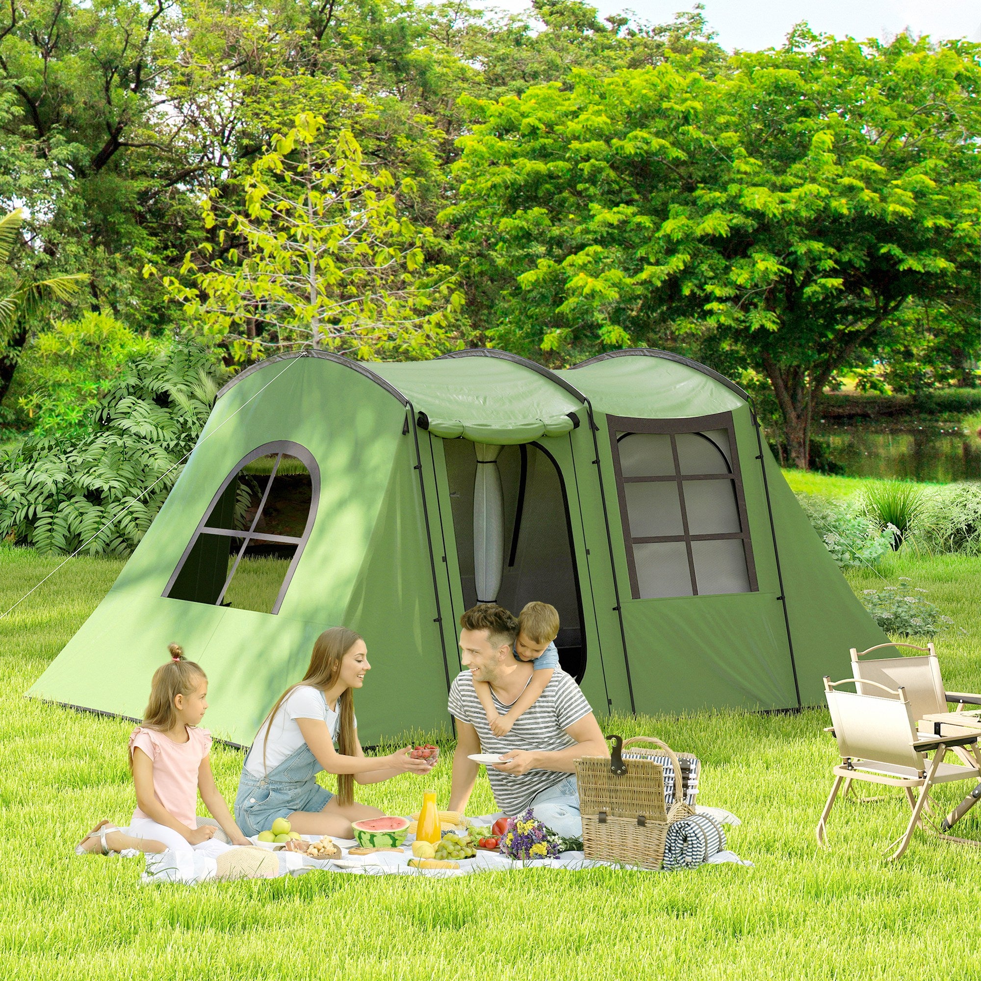 Outsunny 3-4 Man Tunnel Tent, Family Camping Tent with Porch, Bedroom and Living Area, Sewn in Groundsheet, 3000mm Waterproof, Portable with Bag for Hiking, Festival, Backpacking, Green - North Peak Garden Furniture