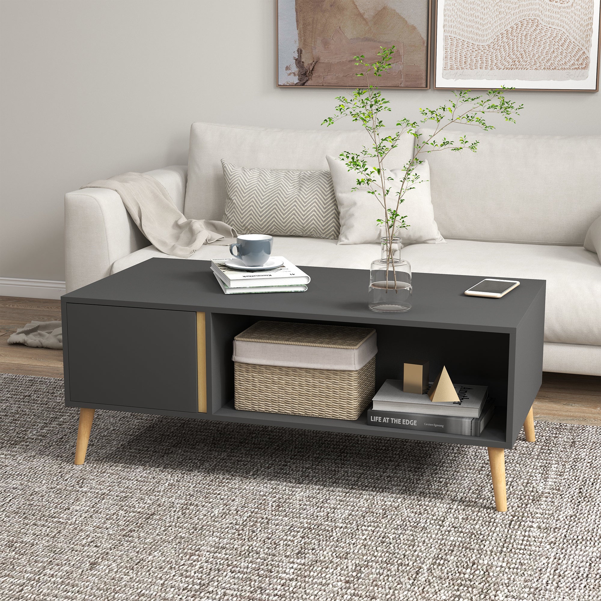 HOMCOM Coffee Table for Living Room, Modern Centre Table with Storage Compartments and Cabinets, Rectangular Side Table, 115x 58x 45cm, Grey - North Peak Garden Furniture