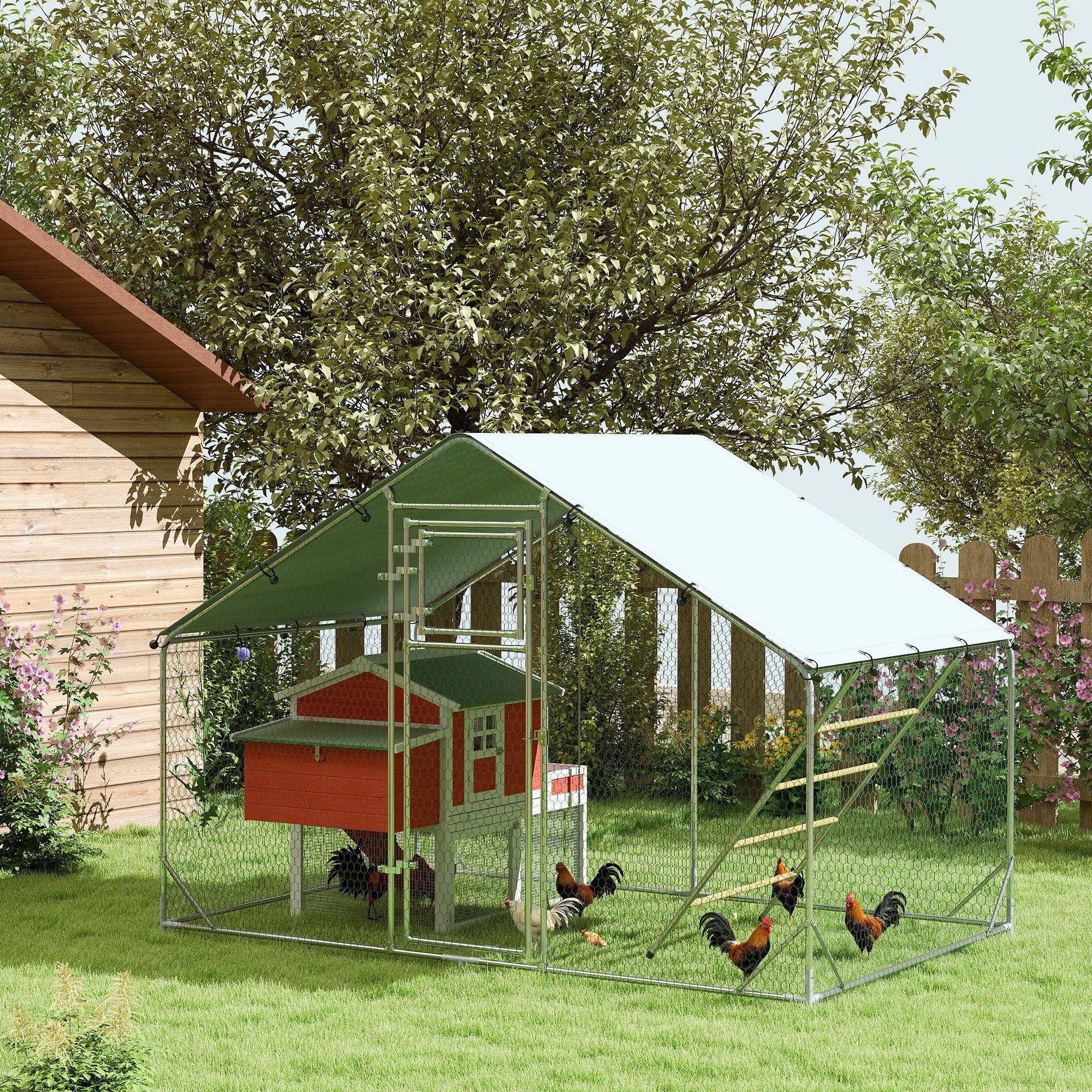 PawHut Walk in Chicken Run w/ Cover, Feeding Door, Hanging Feeder, Perch, for 6-8 Poultry - North Peak Garden Furniture