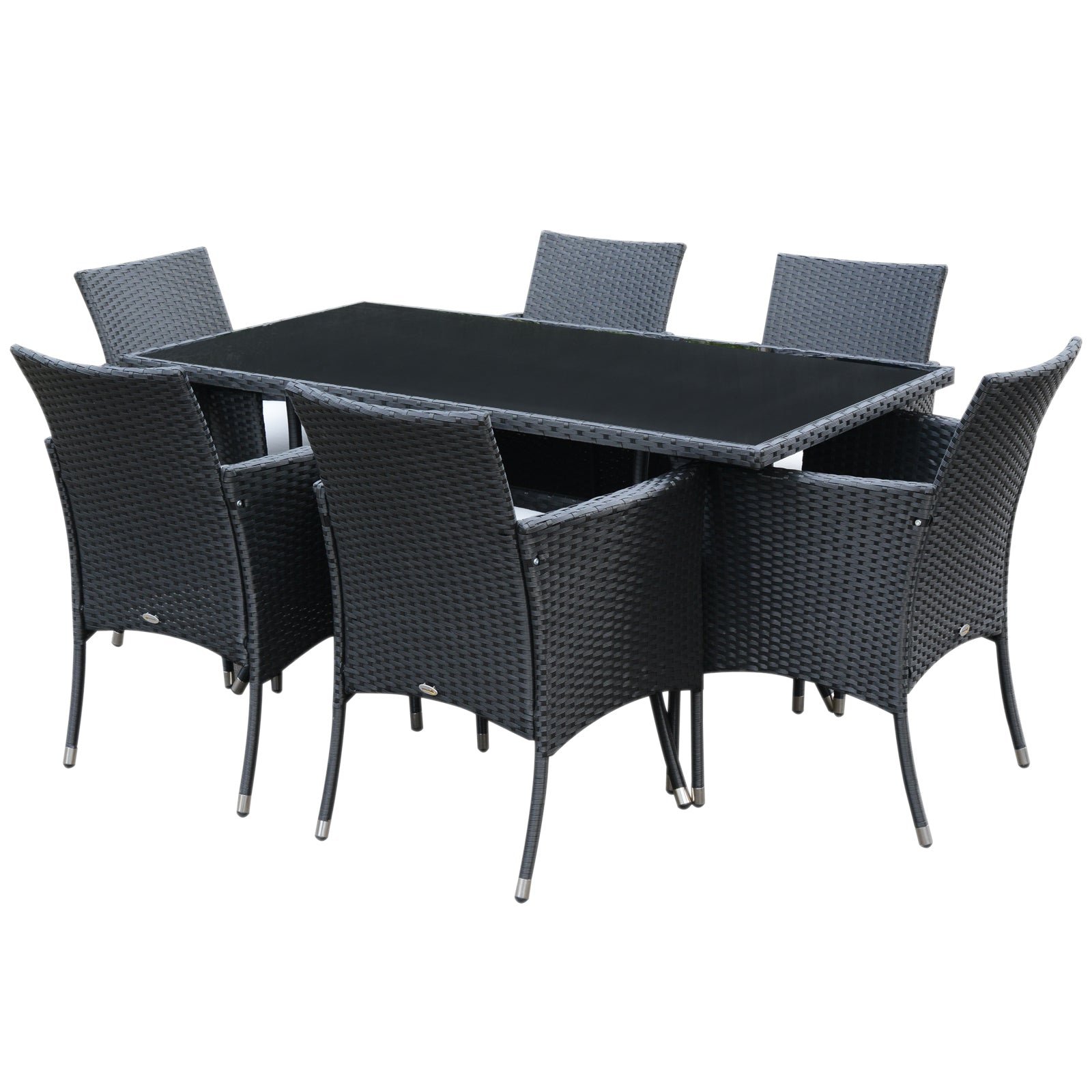 Outsunny 6 Seater Rattan Dining Set with Cushions, Rattan Garden Furniture Set with 6 Armchairs, Rectangular Glass Top Table, Outdoor Dining Table and Chairs, Black - North Peak Garden Furniture