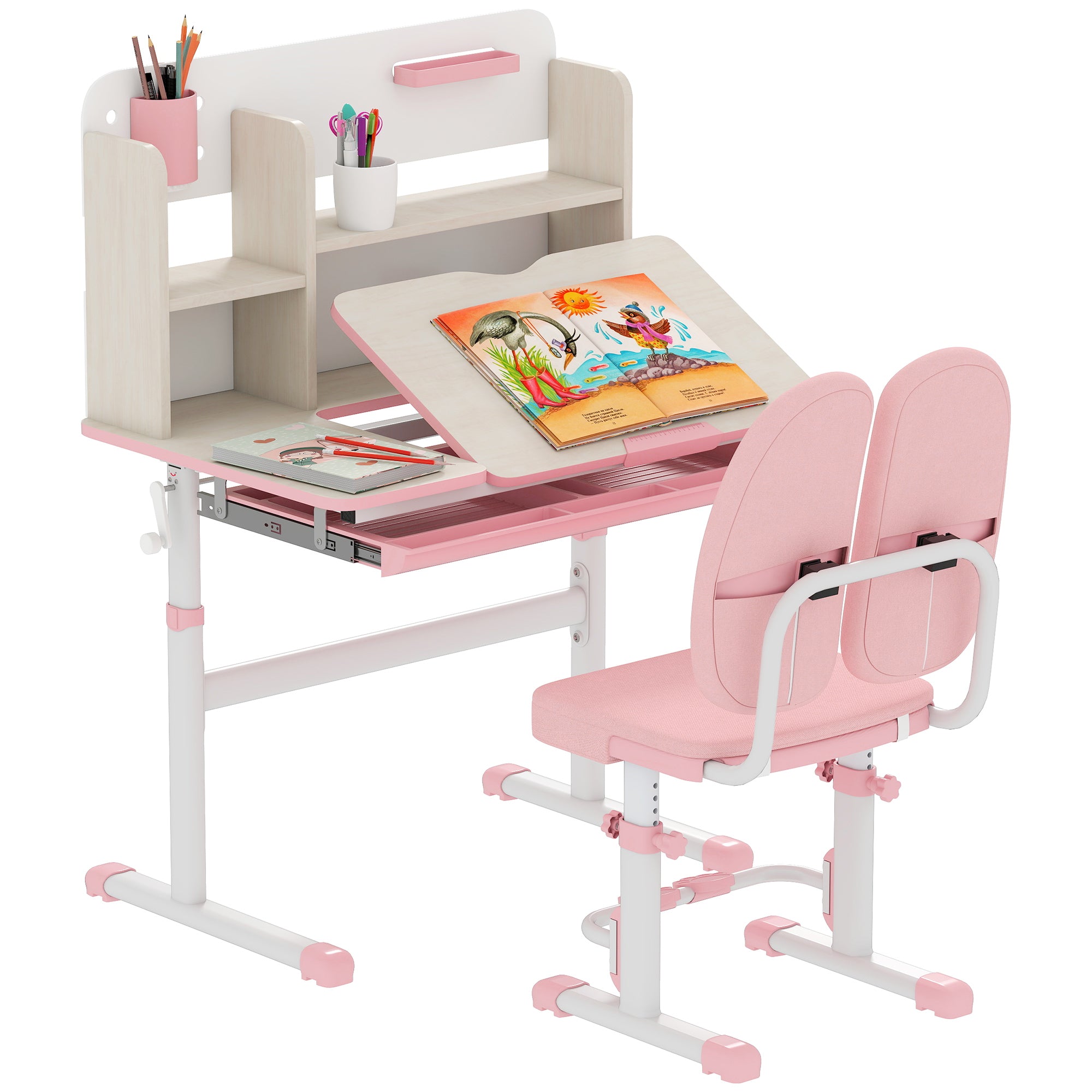 HOMCOM Kids Desk and Chair Set, with Storage Shelves, Washable Cover, for Ages 3-12 Years - Pink