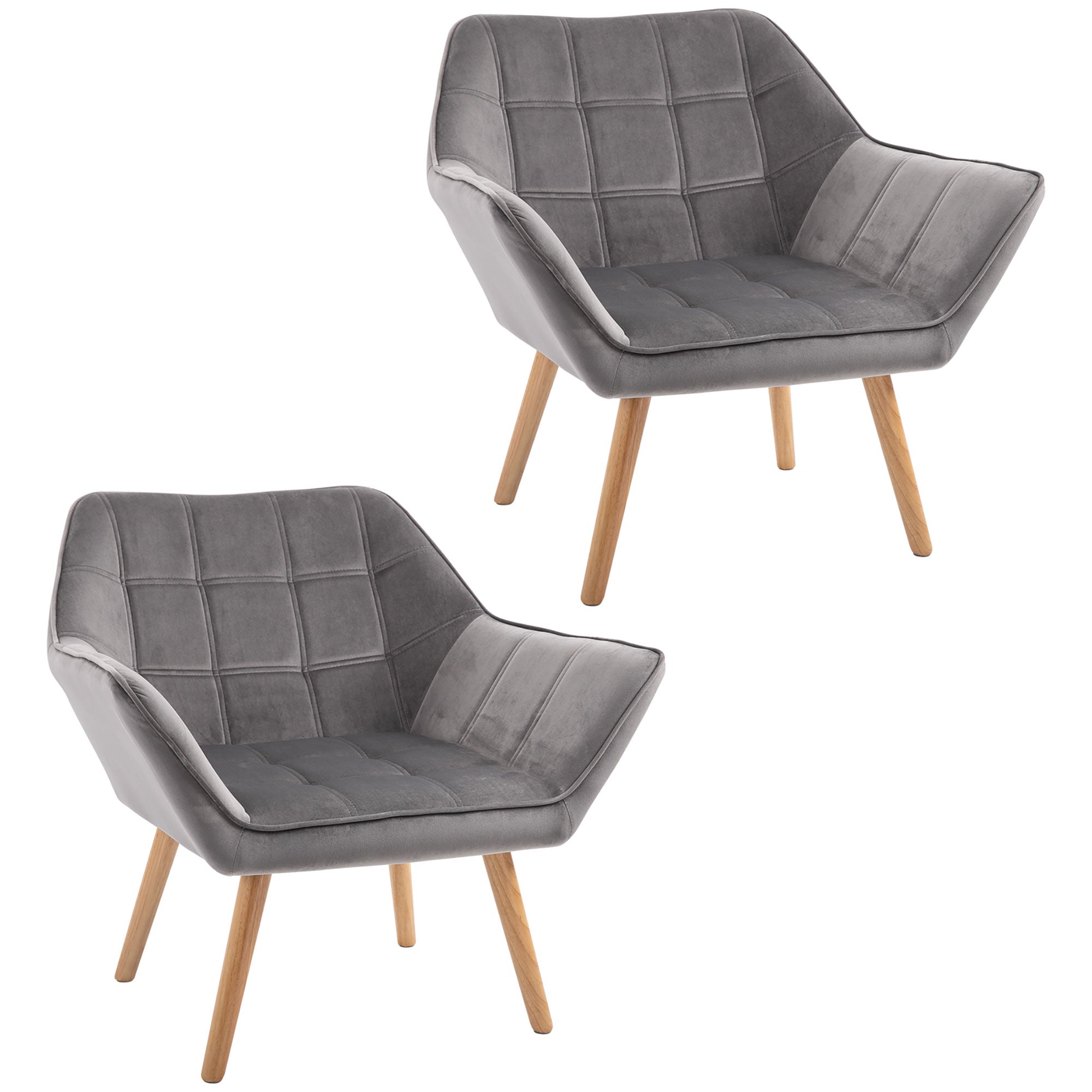 HOMCOM Armchair Accent Chair, Vanity Chair with Wide Arms, Slanted Back, Padding, Metal Frame, Wooden Legs, Home Bedroom Furniture Seating, Set of 2, Grey - North Peak Garden Furniture