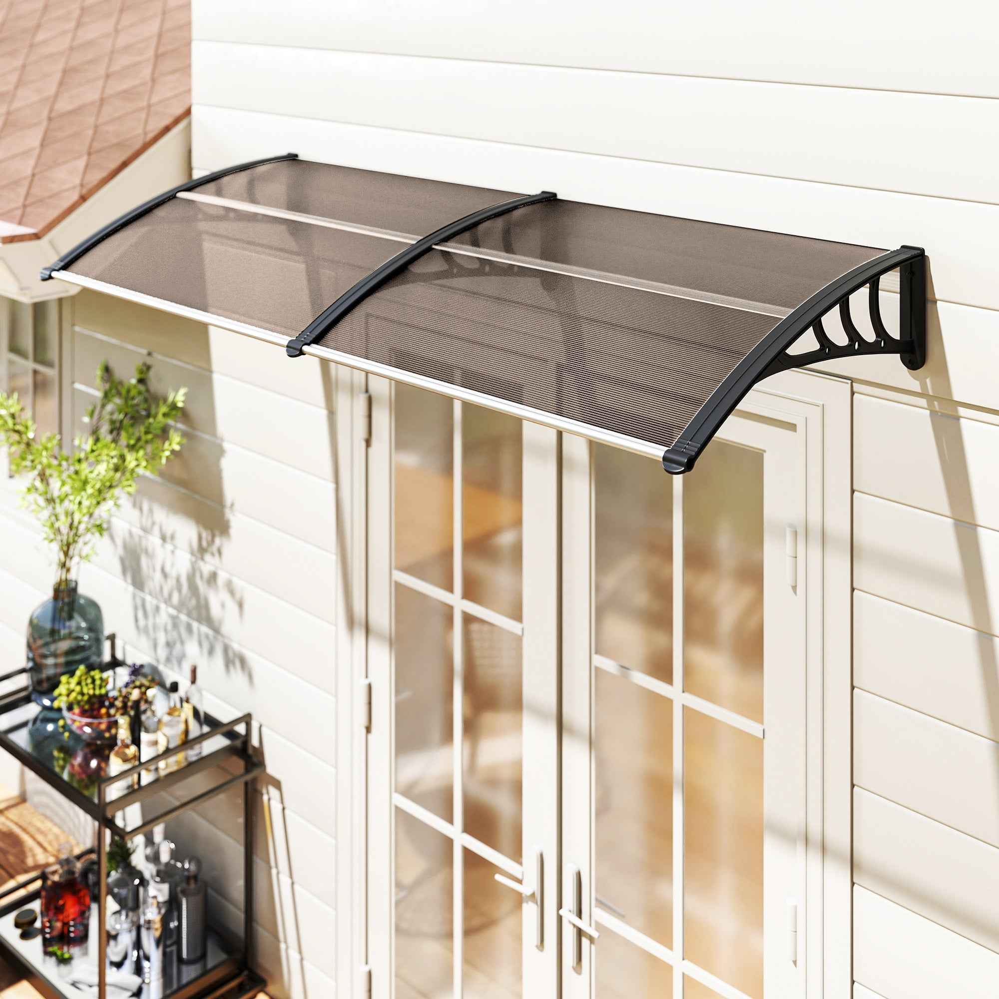 Outsunny 75 x 195 cm Curved Door Window Awning Canopy, Polycarbonate Cover Front Door Outdoor Patio, UV Rain Snow Protection Shelter, Brown