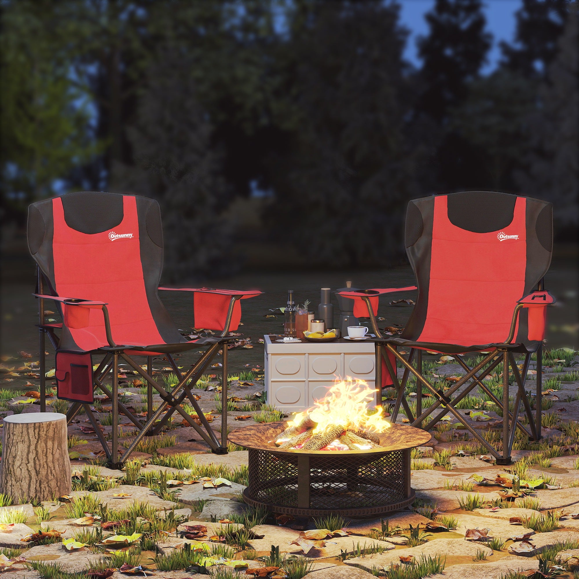 Outsunny Set of 2 Folding Camping Chairs, Padded Camping Chairs with Adjustable Armrests, Portable & Lightweight Folding Camp Chair with Cooler Bag, Cup Holder and Side Pockets, Red - North Peak Garden Furniture