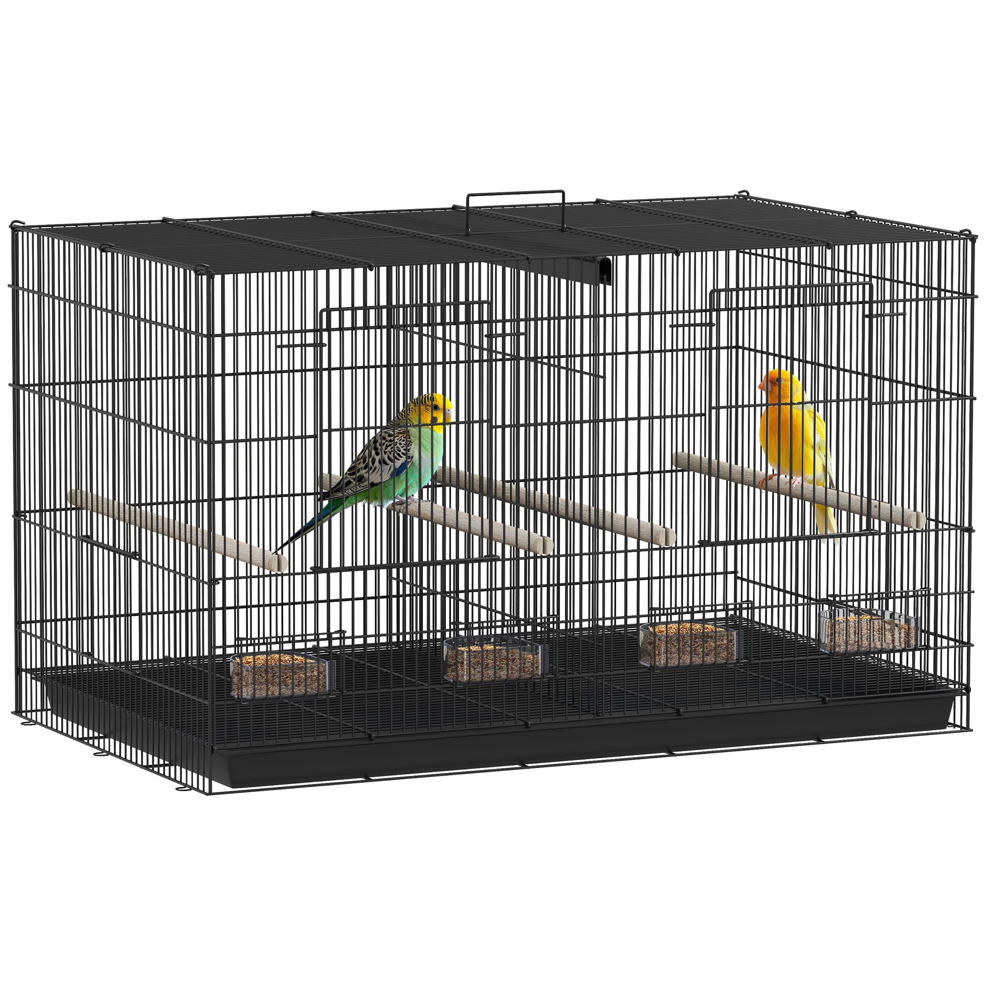 PawHut Bird Cage with Divider, 4 Wooden Perches, Slide Out Tray, 4 Feeders, for Budgie, Lovebird, Canary, 76 x 46 x 46cm, Black - North Peak Garden Furniture