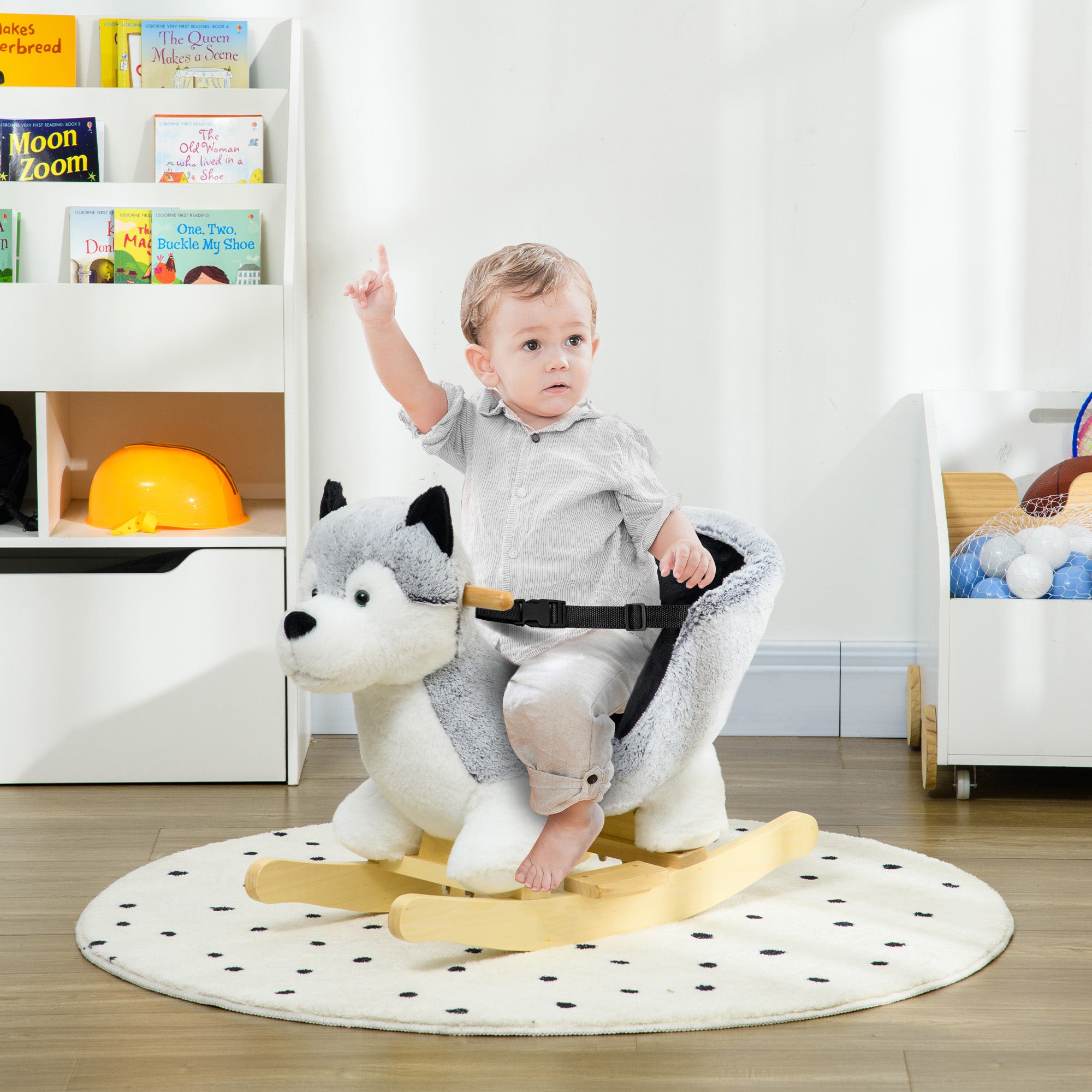 HOMCOM Baby Rocking Horse, Husky-Designed Plush Rocking Animal, with Sounds, Seatbelt, for Ages 18-36 Months - Grey - North Peak Garden Furniture