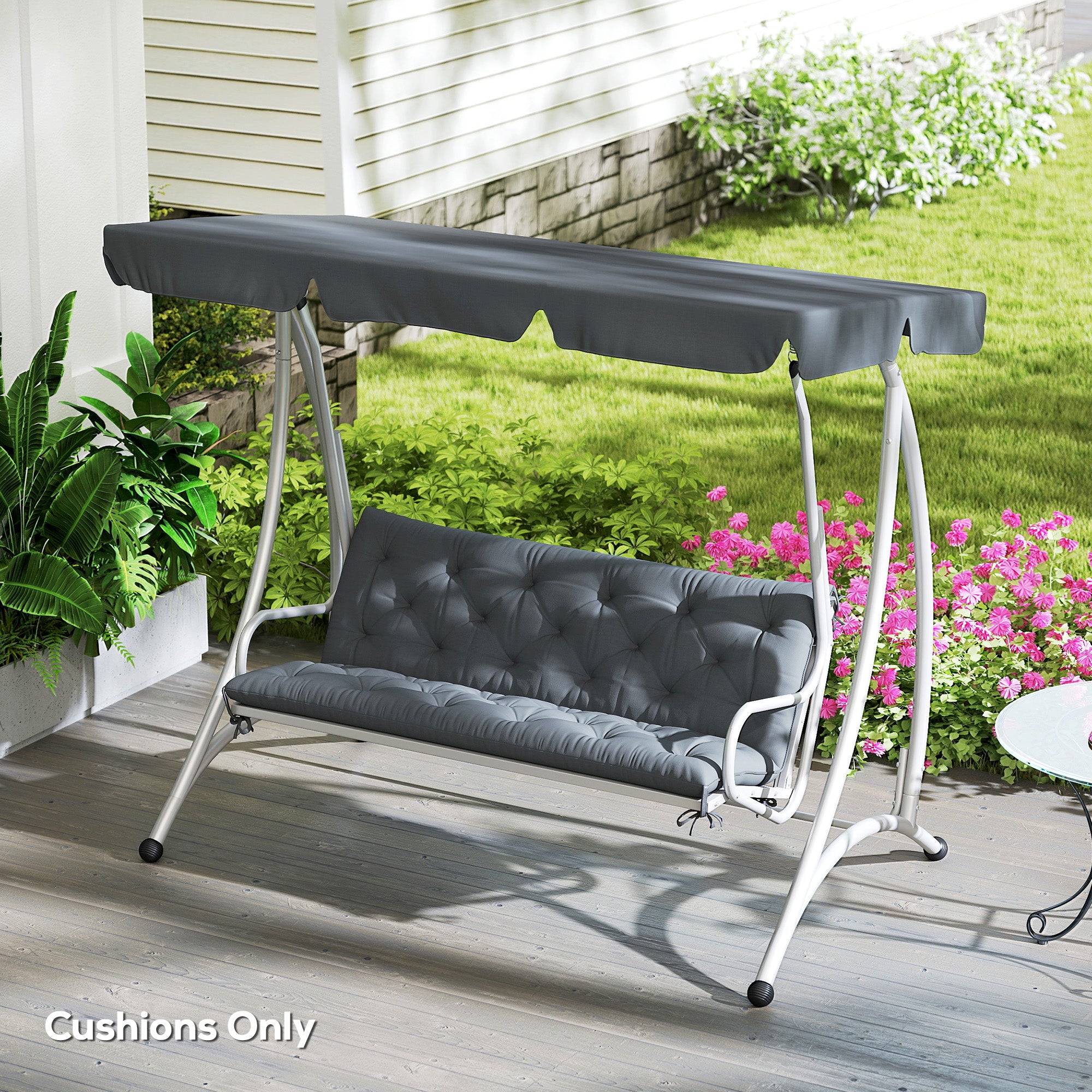 Outsunny 3 Seater Bench Cushion, Garden Chair Cushion with Back and Ties for Indoor and Outdoor Use, 98 x 150 cm, Dark Grey - North Peak Garden Furniture
