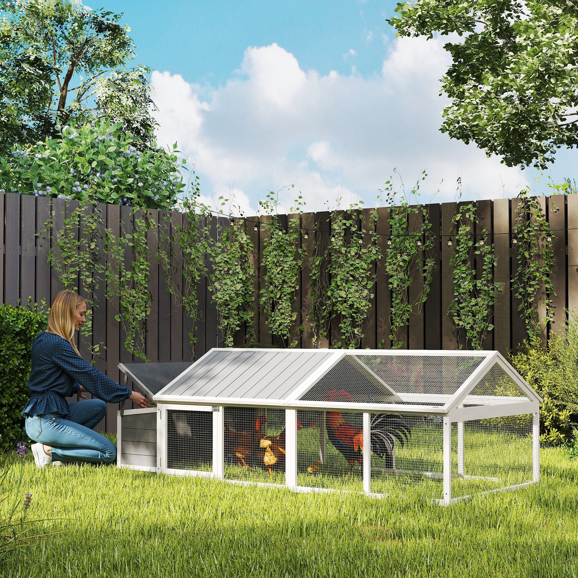 PawHut Wooden Chicken Coop with Nesting Box, Openable Roof, for 4-8 Chickens, White - North Peak Garden Furniture